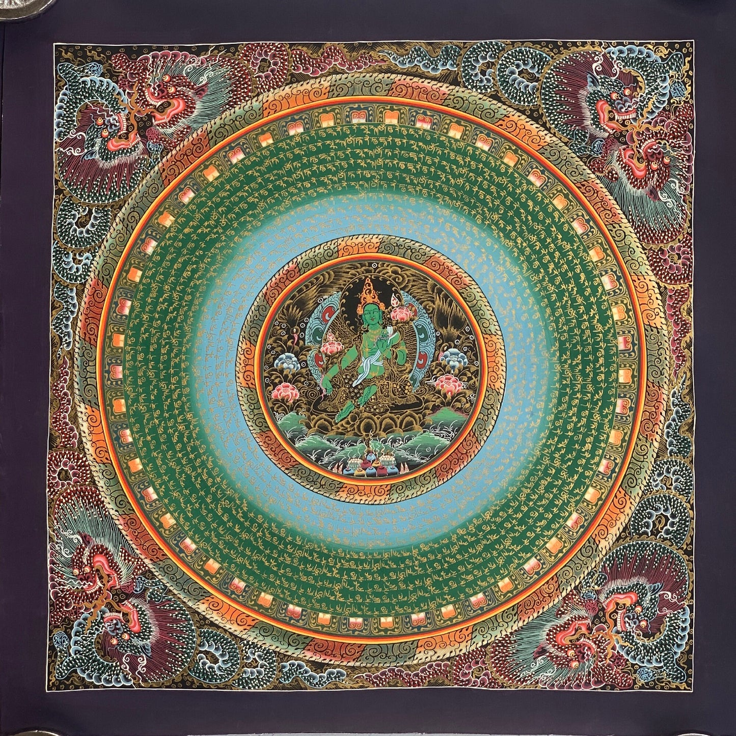 Original Hand-painted Om Mani Padme Hum God in Center Mantra Mandala Tibetan Meditation Thangka Painting