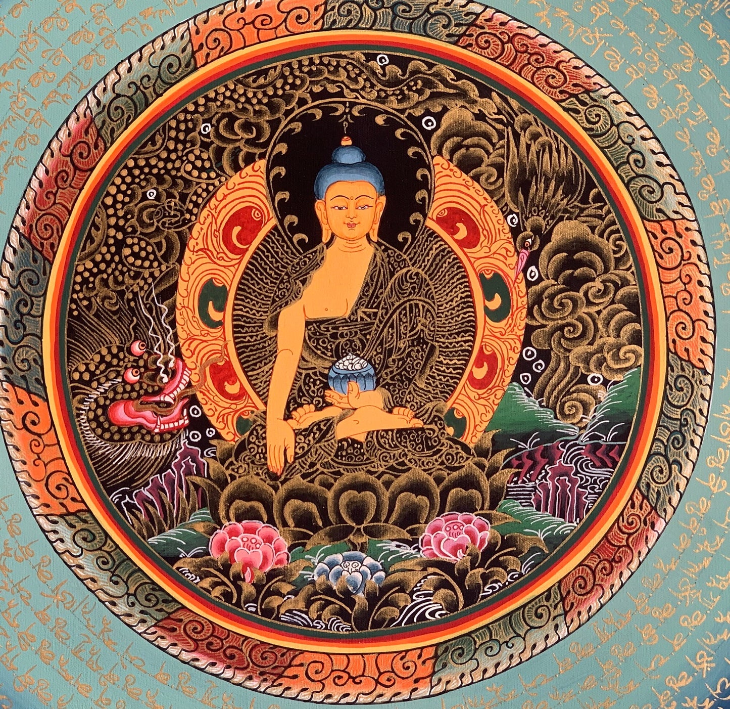 Original Hand-painted God Figure OM Mani Padme Hum Mantra Mandala Tibetan Thangka Painting/Meditation Art