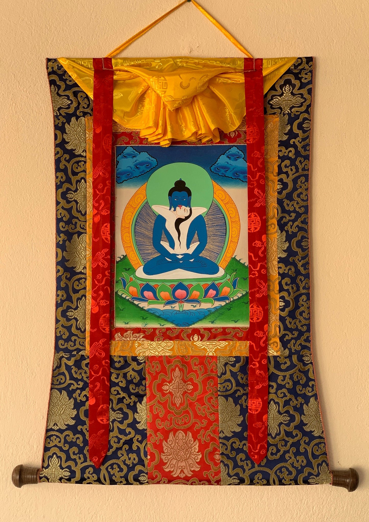 Original Hand-painted Samantabhadra/ Buddha Shakti Tibetan Thangka Painting With Silk Brocade