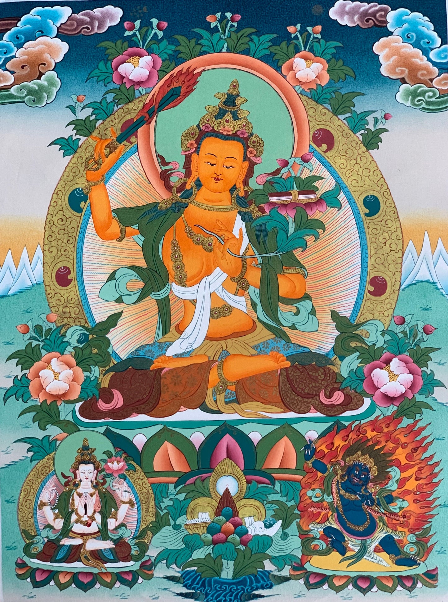 Hand-painted, Manjushri, Jampalyang, God of Divine wisdom, Master Quality, Thangka Painting