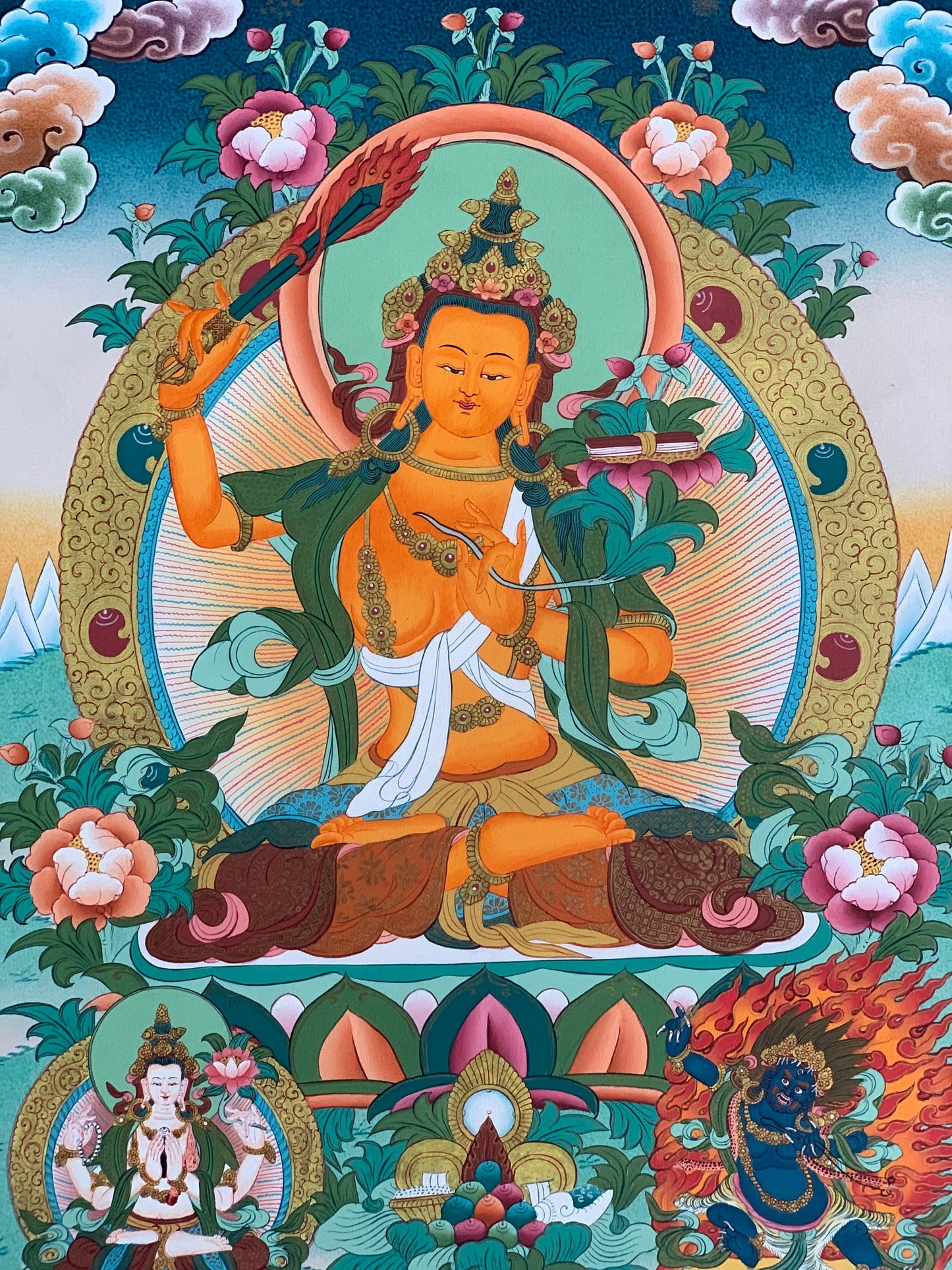 Hand-painted, Manjushri, Jampalyang, God of Divine wisdom, Master Quality, Thangka Painting