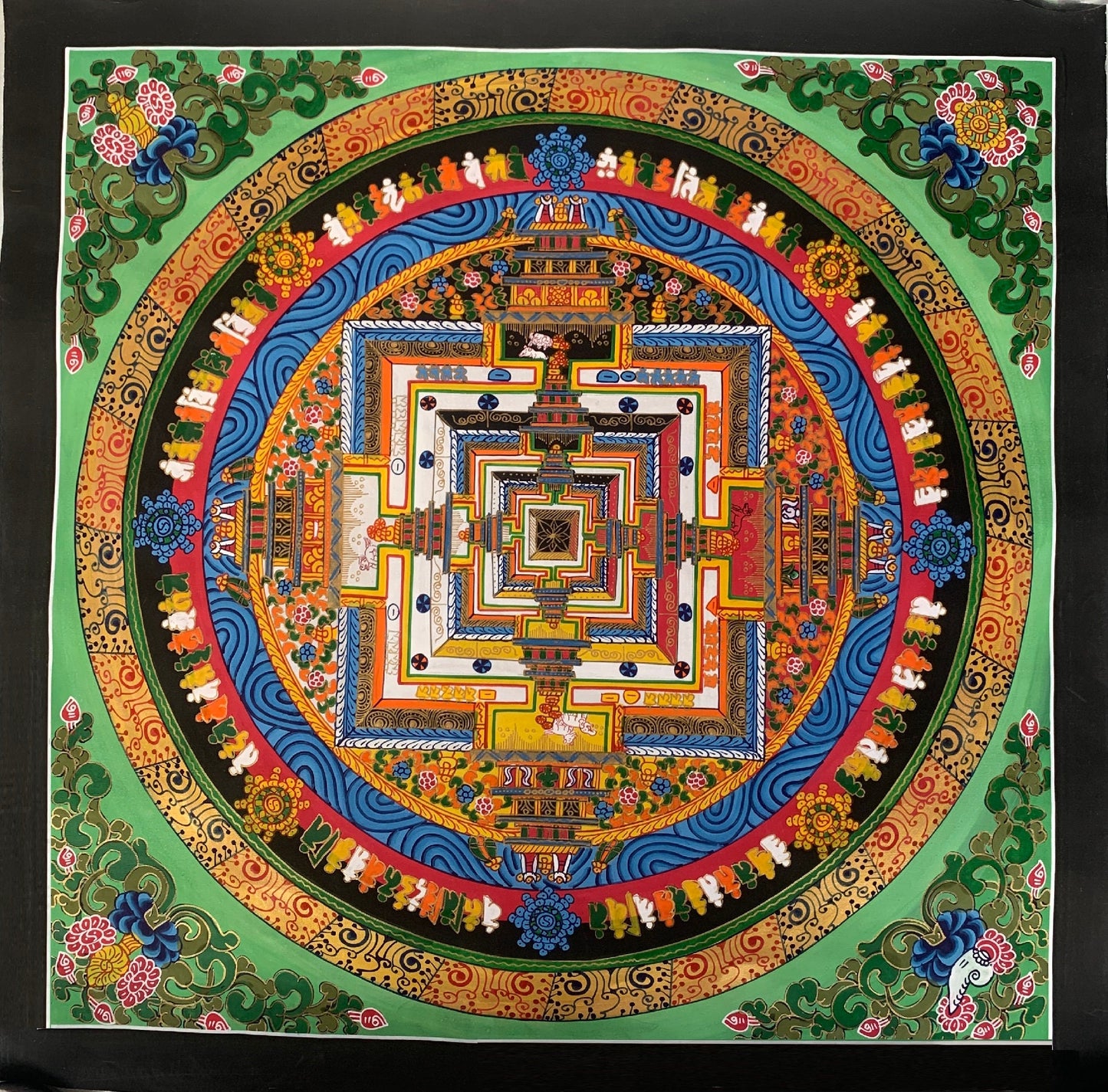 Hand-painted Kalachakra Mandala Tibetan Thangka Painting, Art, Floral Border Theme 20"x 20"