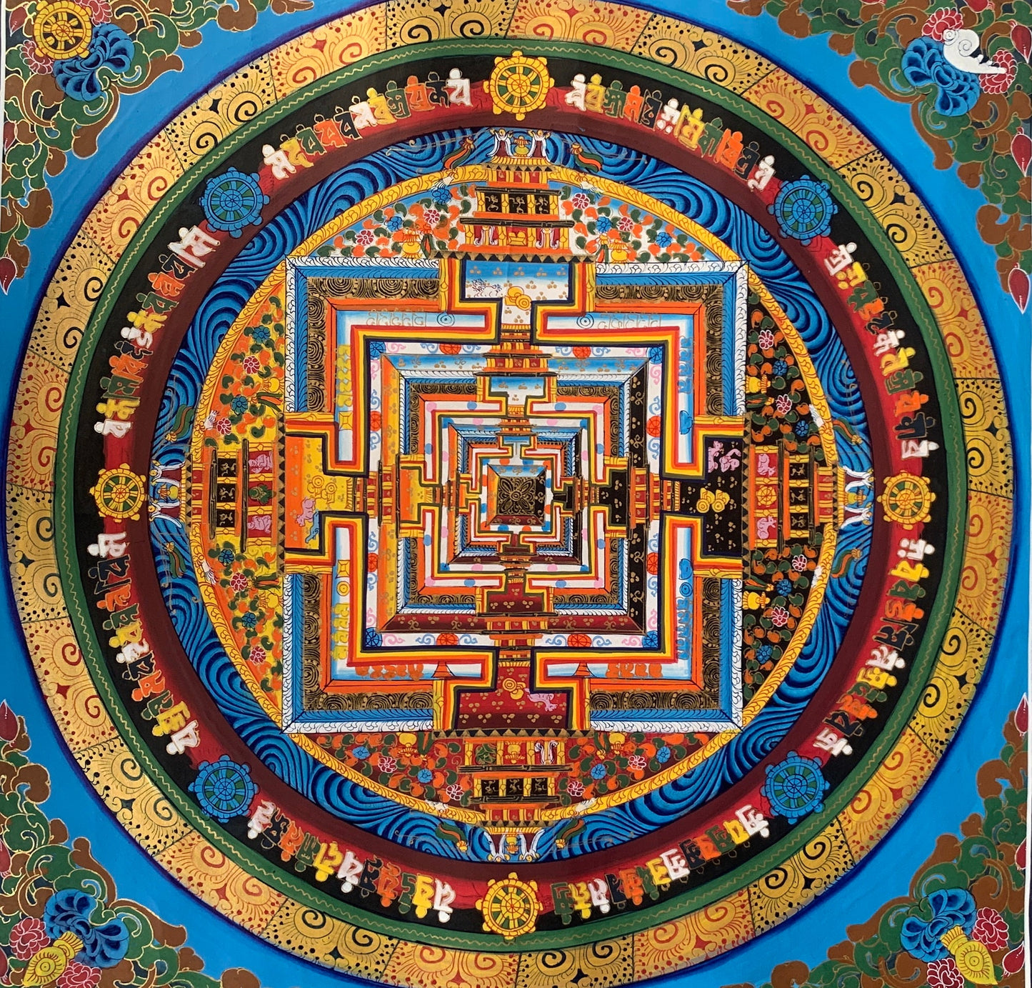 Hand-painted Kalachakra Mandala Tibetan Thangka Painting, Art, Floral Border Theme 20"x 20"