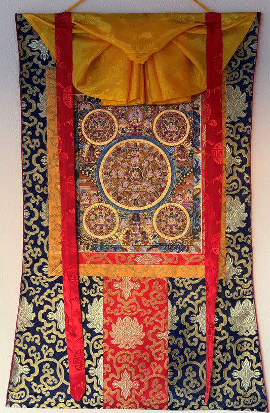 Hand-painted 5 Buddha, Wheel of Life Cycle  Mandala, Thangka Painting Bordered with Silk