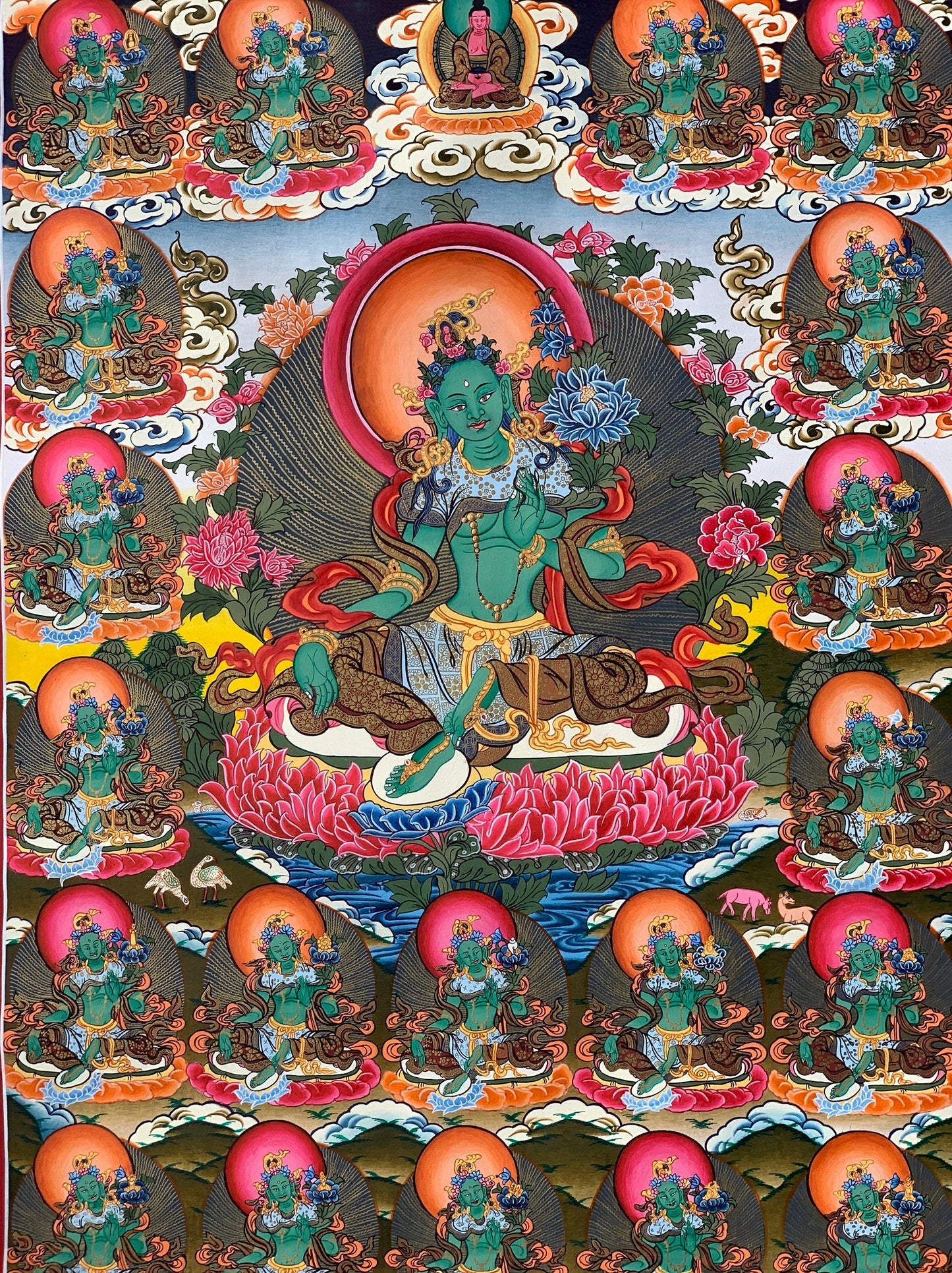 Original Hand-painted Master Quality Masterpiece 21 Green Tara Shyamatara 24K Gold Tibetan Thangka Painting  18 x 24-Inch