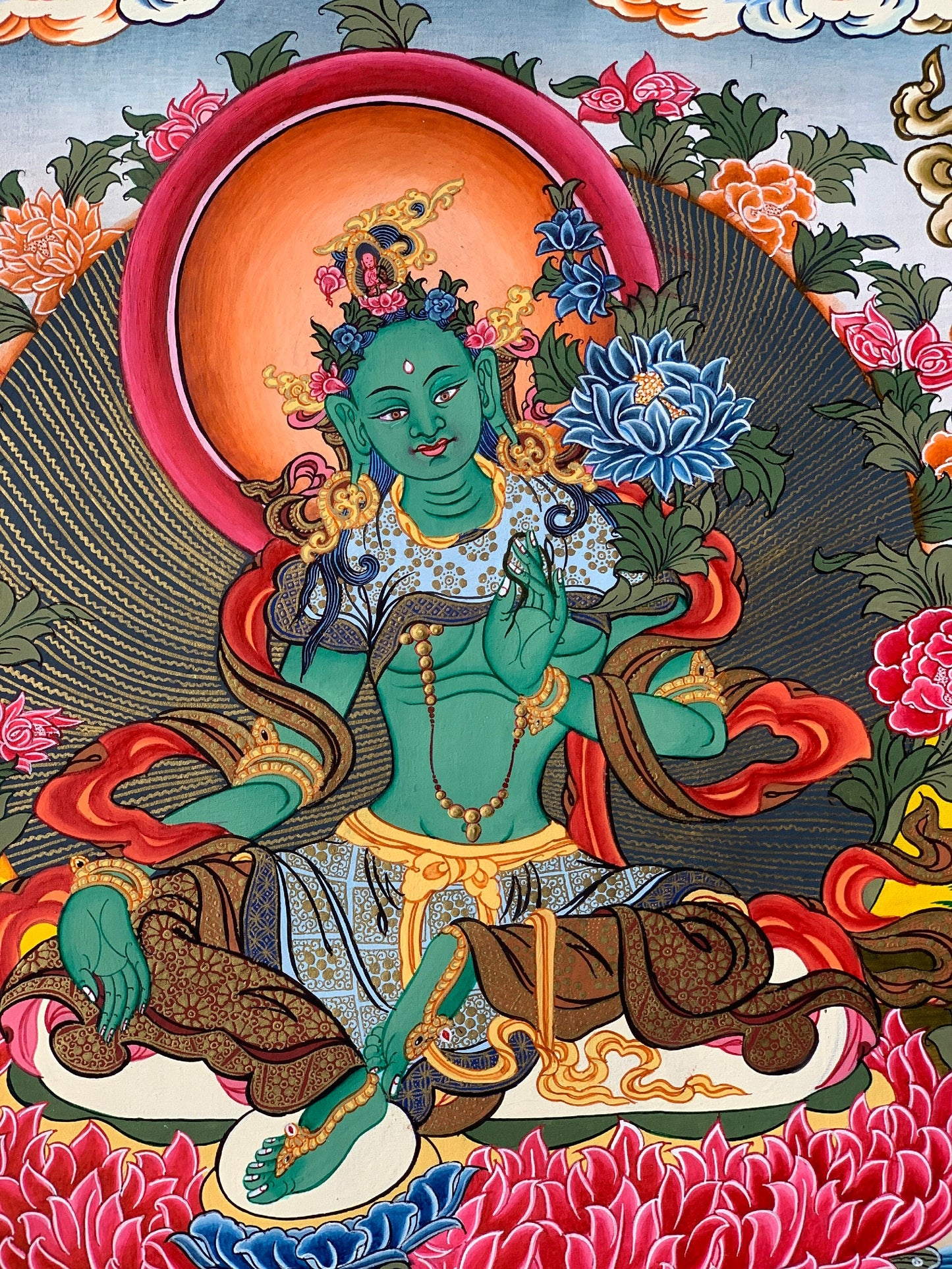 Original Hand-painted Master Quality Masterpiece 21 Green Tara Shyamatara 24K Gold Tibetan Thangka Painting  18 x 24-Inch