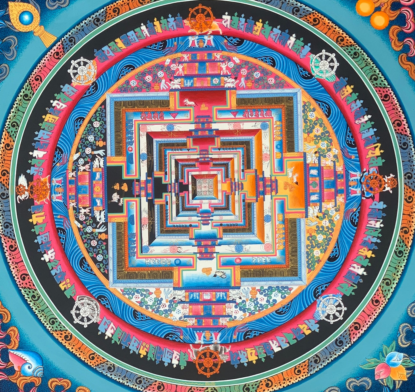 Original Hand-painted Kalachakra Mandala wheel of Life Tibetan Thangka Painting  20 x 20-Inch