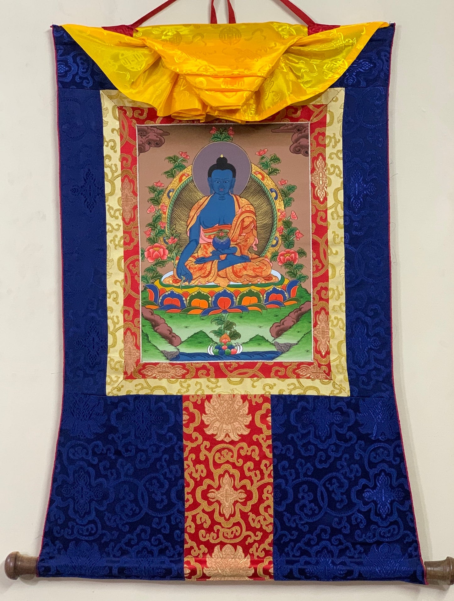 Hand-painted Medicine Buddha, Medicine Guru, Original Thangka, Thanka,  Painting, Tibetan Wall Hanging, Meditation Art, with Silk Brocade