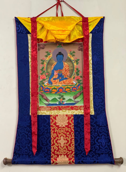 Hand-painted Medicine Buddha, Medicine Guru, Original Thangka, Thanka,  Painting, Tibetan Wall Hanging, Meditation Art, with Silk Brocade