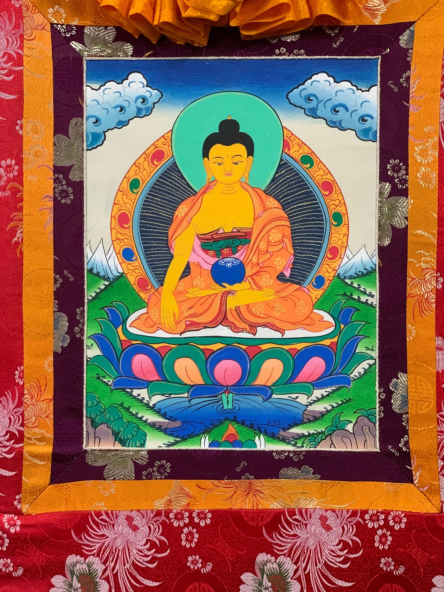 Original Hand-painted  Shakyamuni Buddha/ Siddhartha Gautama  Tibetan Thangka Painting with Silk Brocade