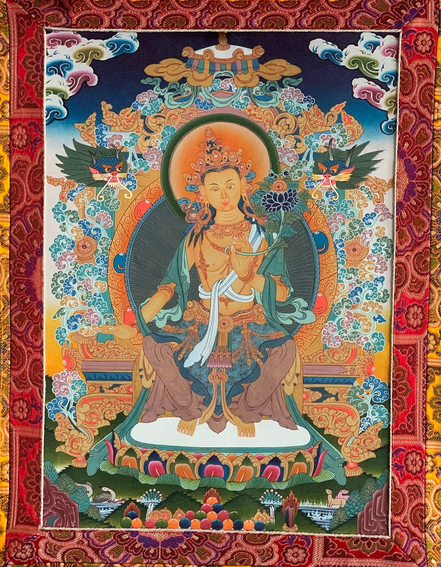 Original Hand-Painted Maitreya / Future Buddha Rare Masterpiece 24 K Gold Blessed Tibetan Thangka Painting with Premium Khadi Silk Brocade