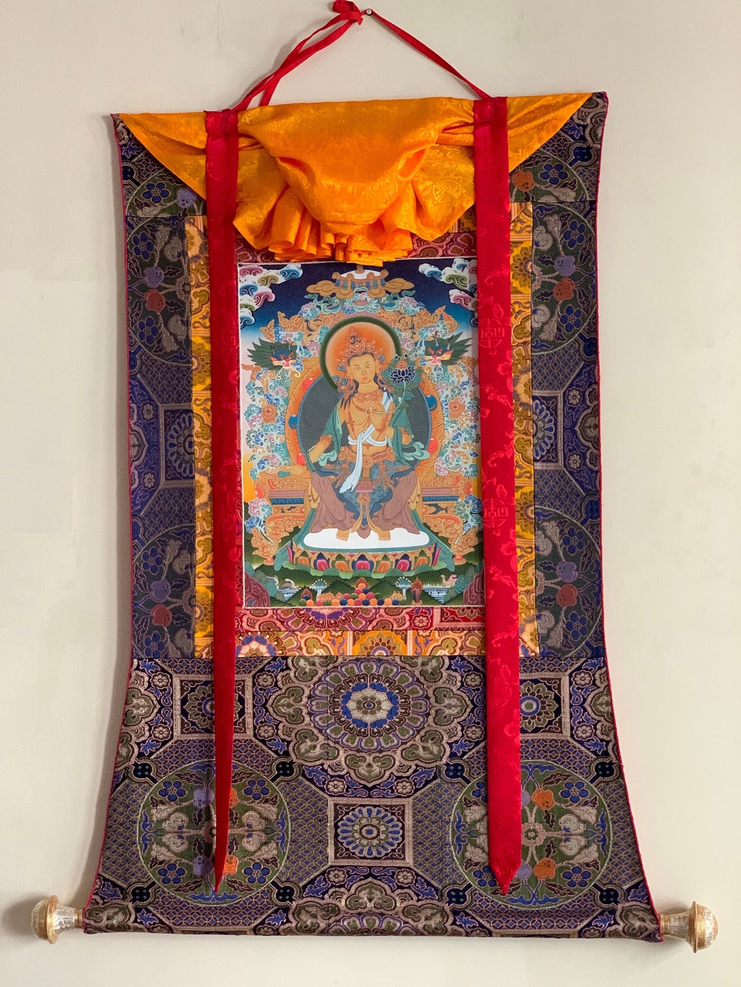 Original Hand-Painted Maitreya / Future Buddha Rare Masterpiece 24 K Gold Blessed Tibetan Thangka Painting with Premium Khadi Silk Brocade