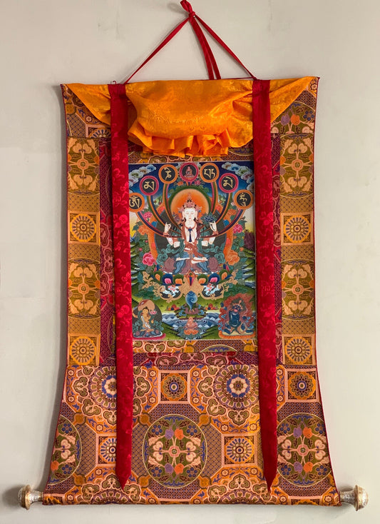 Hand-painted Avalokiteshvara, Chyangresi, Chenrezig, Rare, Masterpiece, 24 K Gold, Blessed Thangka  Painting with Premium Brocade