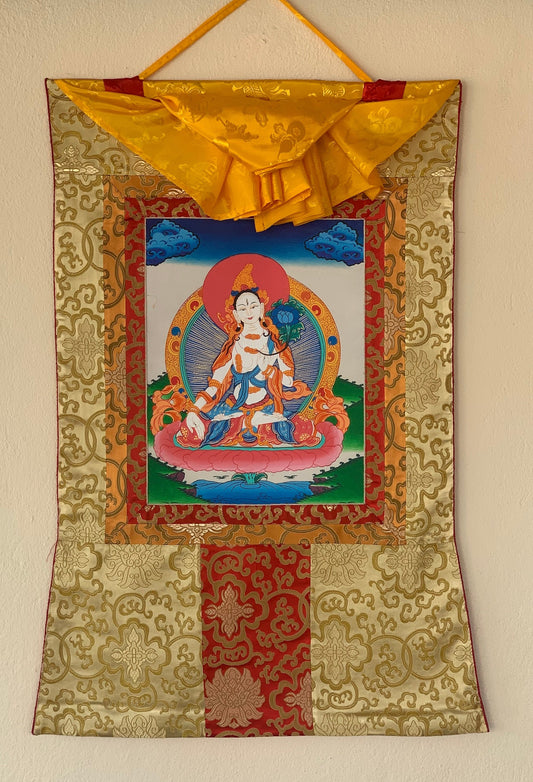 Hand-Painted White Tara, Mother Goddess, Thangka Painting with Silk Brocade