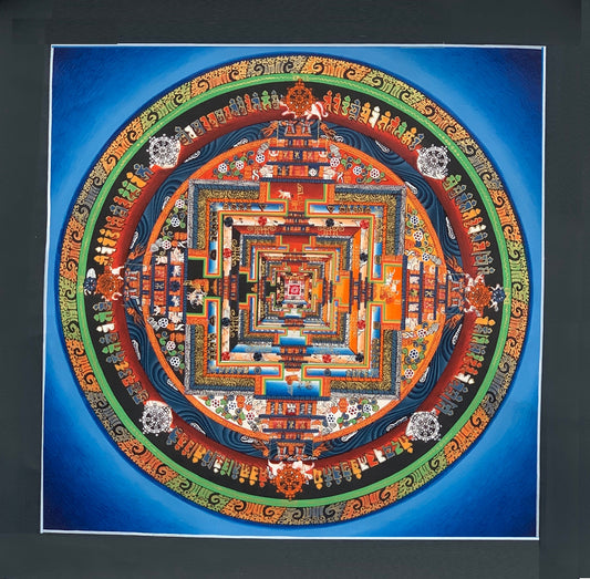 Original Hand-painted Kalachakra Mandala/Wheel of Time Tibetan Thangka Painting, Blue Background