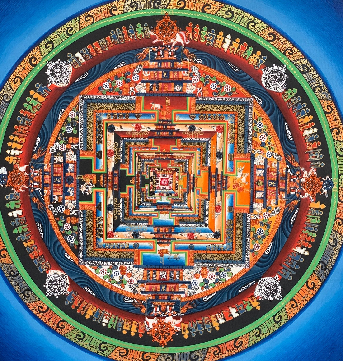 Original Hand-painted Kalachakra Mandala/Wheel of Time Tibetan Thangka Painting, Blue Background