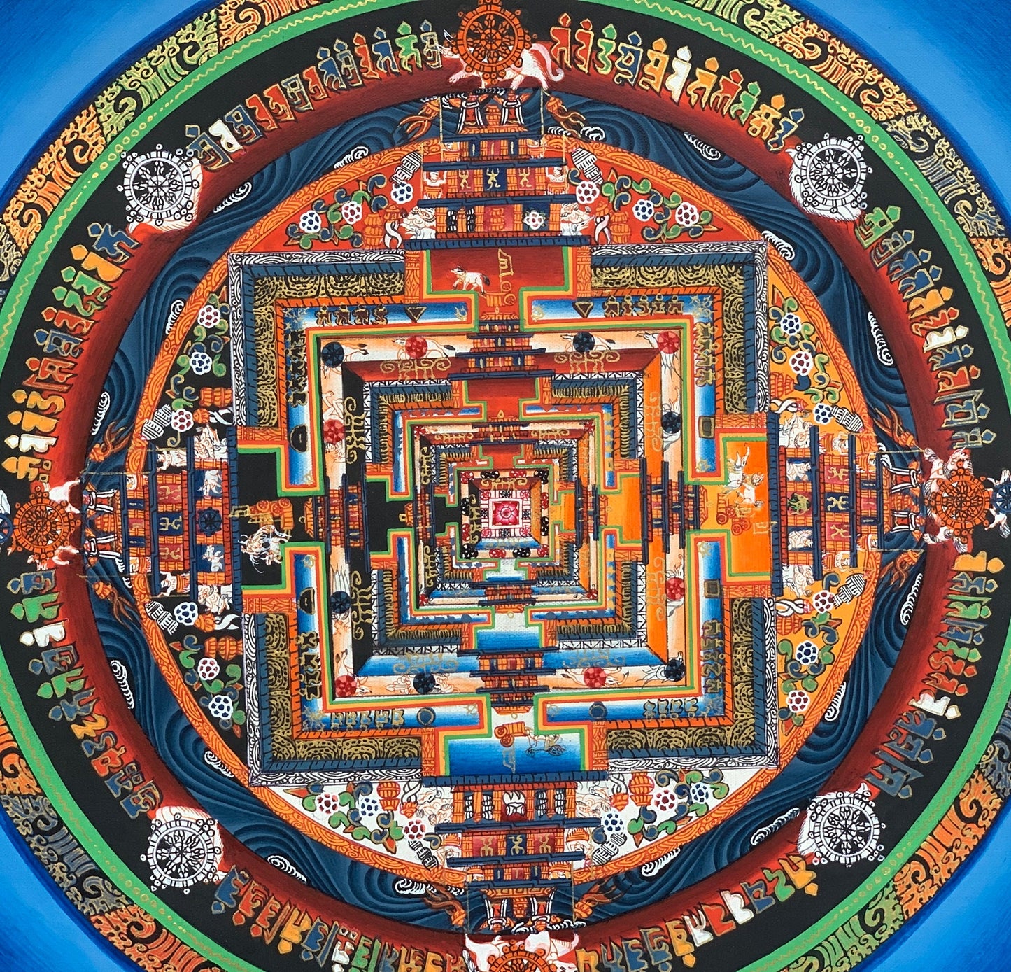 Original Hand-painted Kalachakra Mandala/Wheel of Time Tibetan Thangka Painting, Blue Background