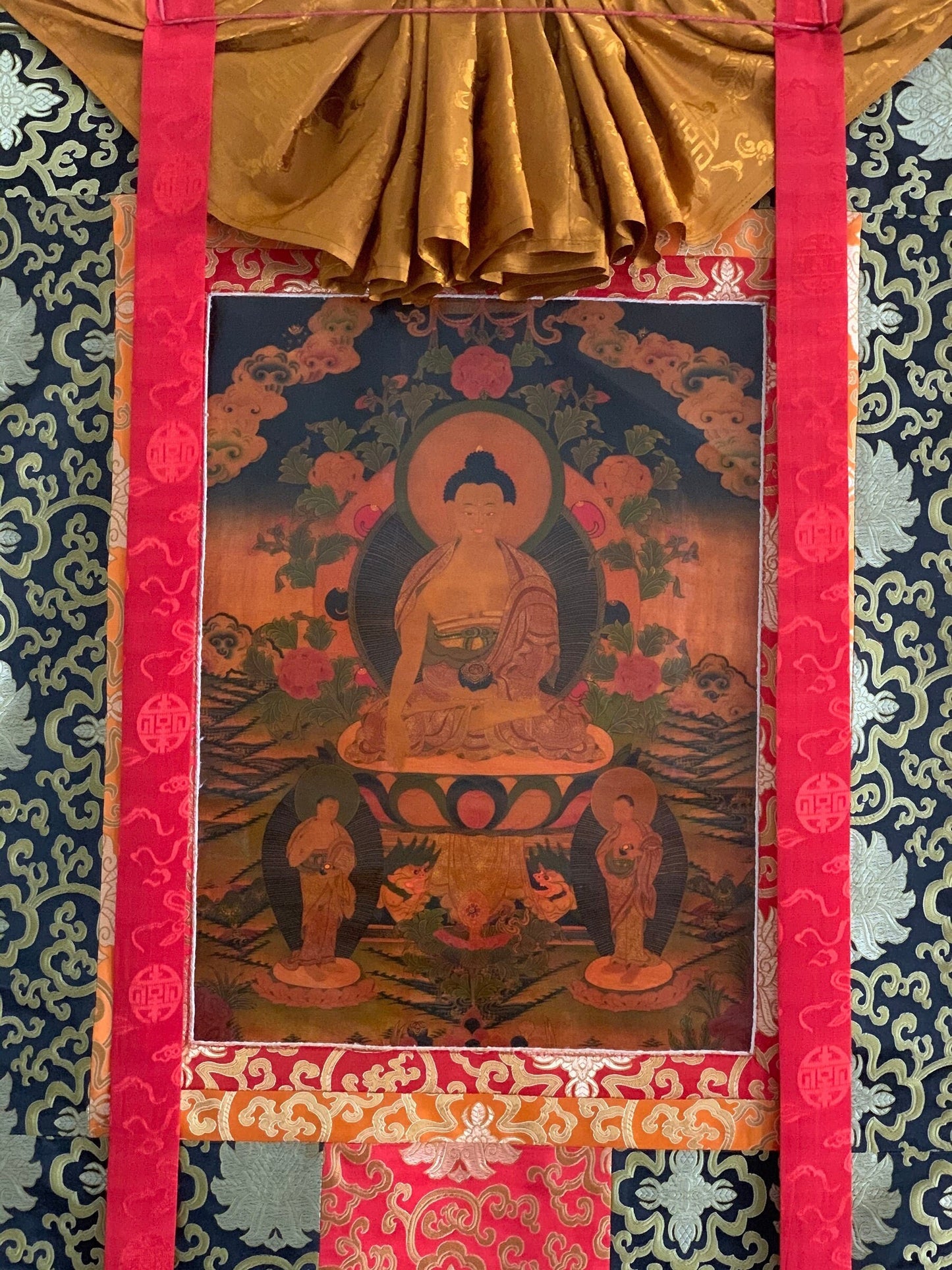 Hand-painted  Shakyamuni, Gautama Buddha, Oil Varnished, Old Thangka with, New Silk Brocade