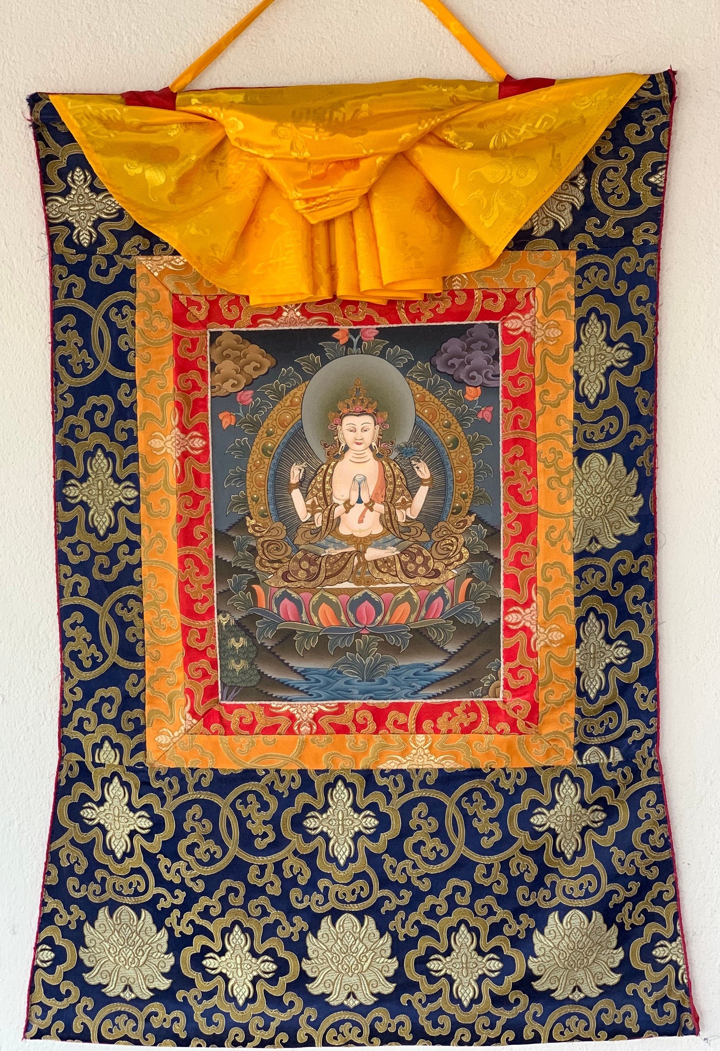 Hand-painted 4 Armed Chyangresi, Chengrezig ,Avalokitesvara Tibetan Thangka, Rare, Masterpiece, with Silk Brocade