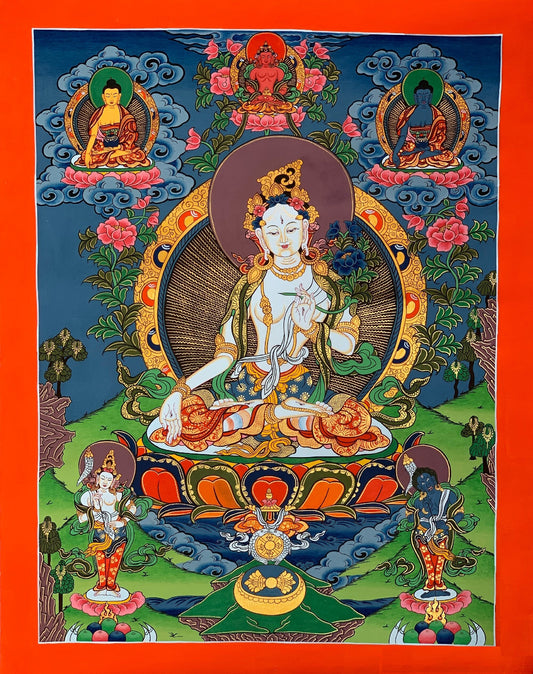 Original Hand-painted White Tara Mother Goddess of Compassion Tibetan Thangka Painting