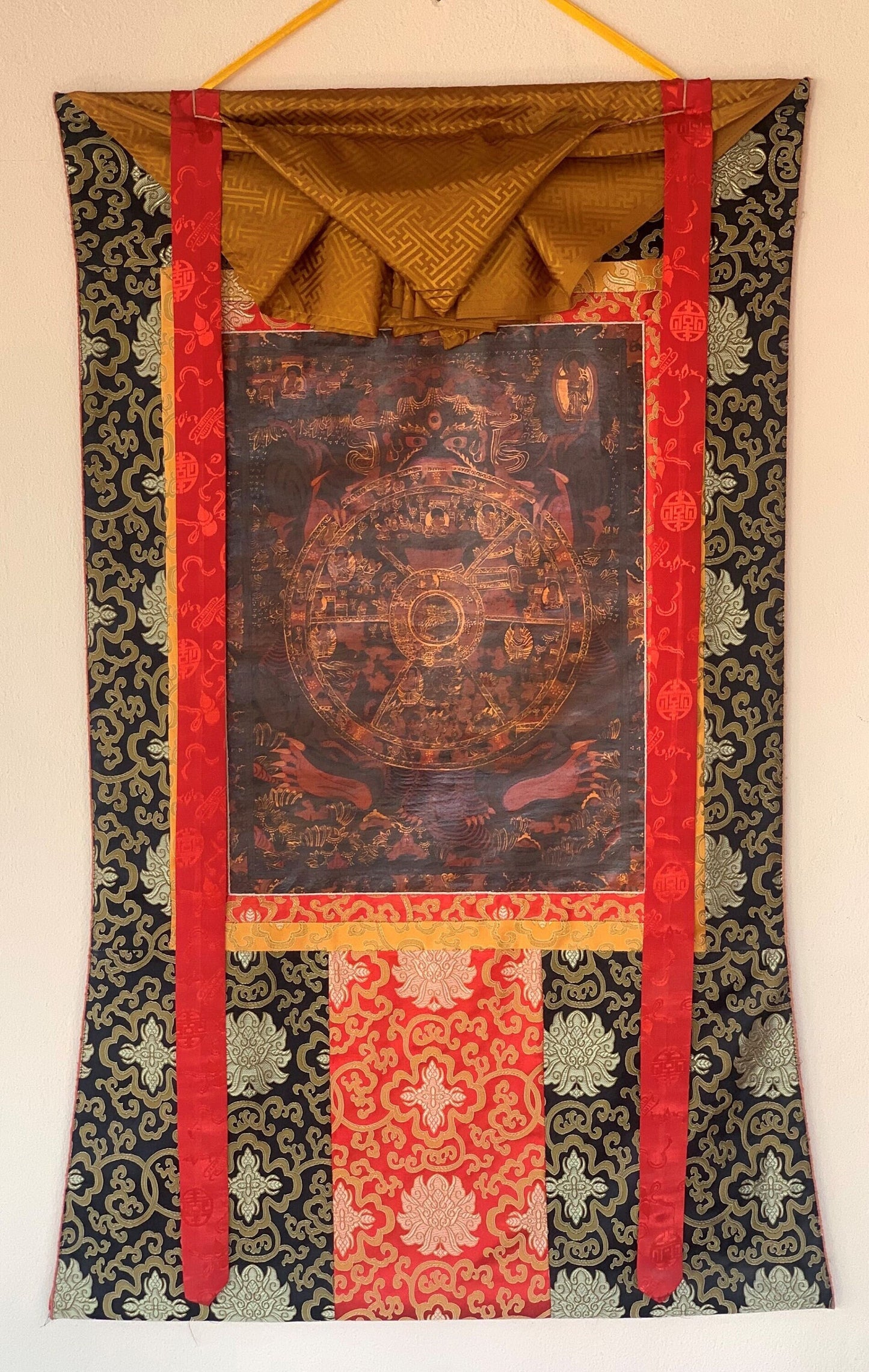 Hand-painted  Bhavachakra Mandala, Buddha Life,  Tibetan Thangka, Painting, with Silk Brocade