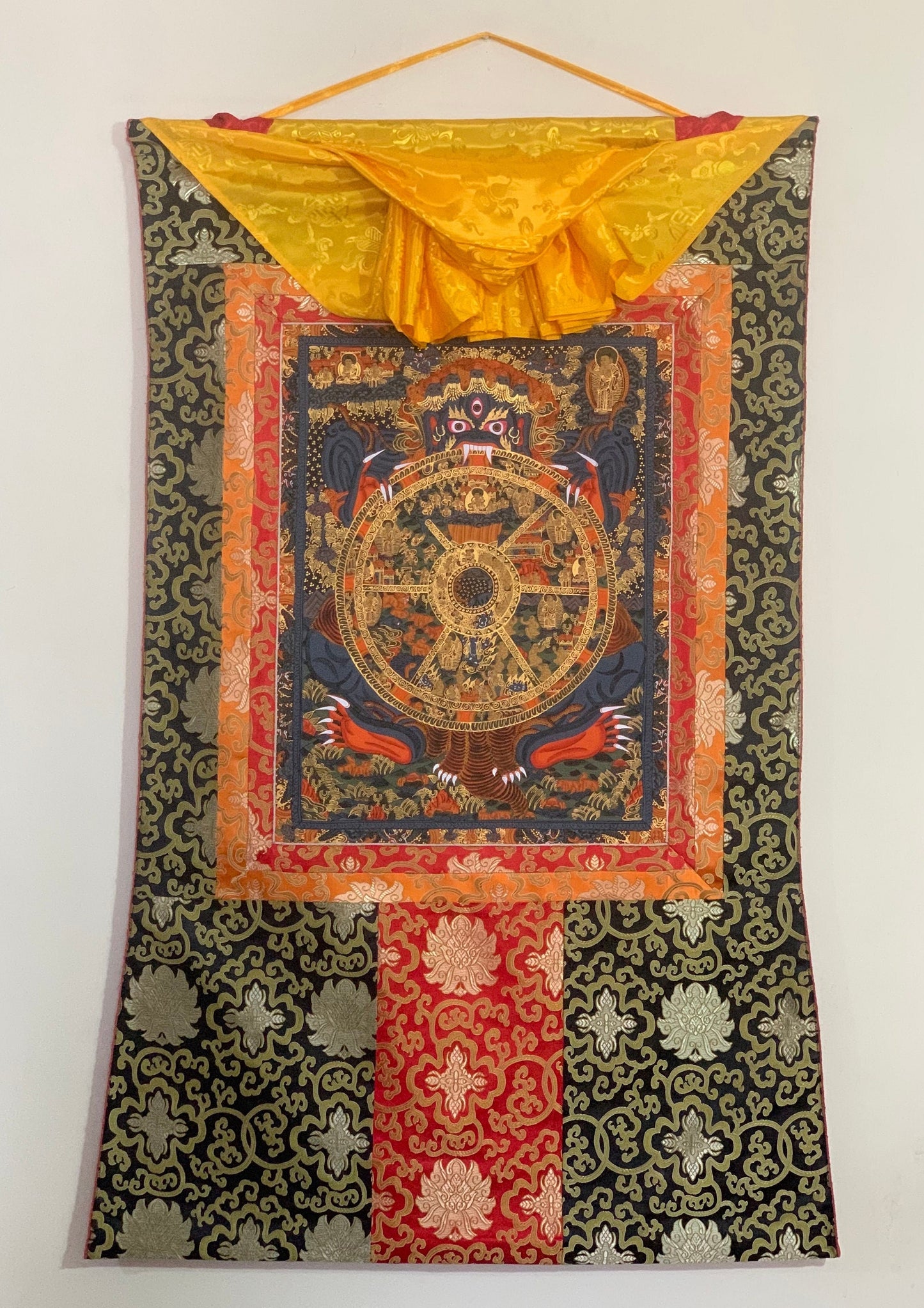 Hand-painted Bhavachakra Mandala, the Buddha Life,  Tibetan Thangka Painting,  with Silk Brocade