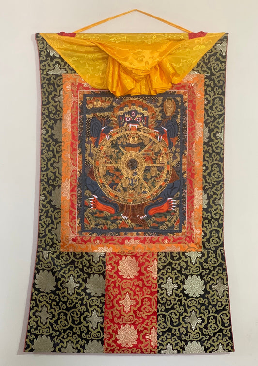 Hand-painted Bhavachakra Mandala, the Buddha Life,  Tibetan Thangka Painting,  with Silk Brocade