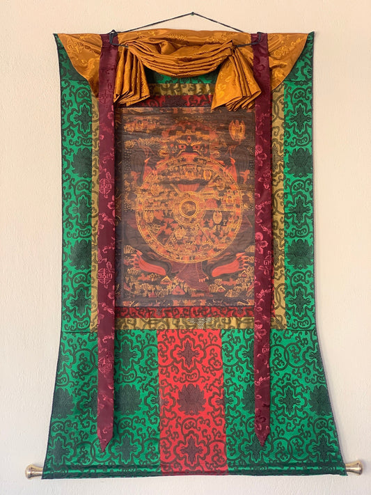 Hand-painted  Bhavachakra, Wheel of Life Mandala,  Oil Varnished Thangka, Painting, with Silk Brocade