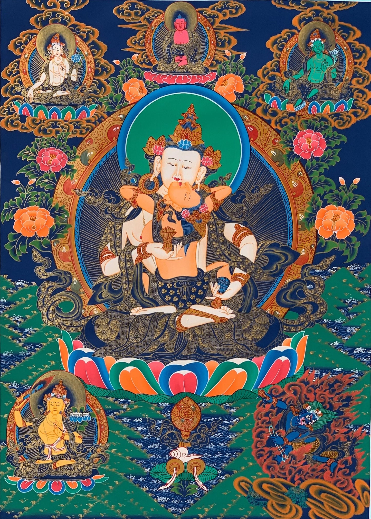 Original Hand Painted Vajrasattva Shakti / DORJE SEMPA Compassion / Meditation Master Quality Tibetan Thangka  Painting with Silk Brocade