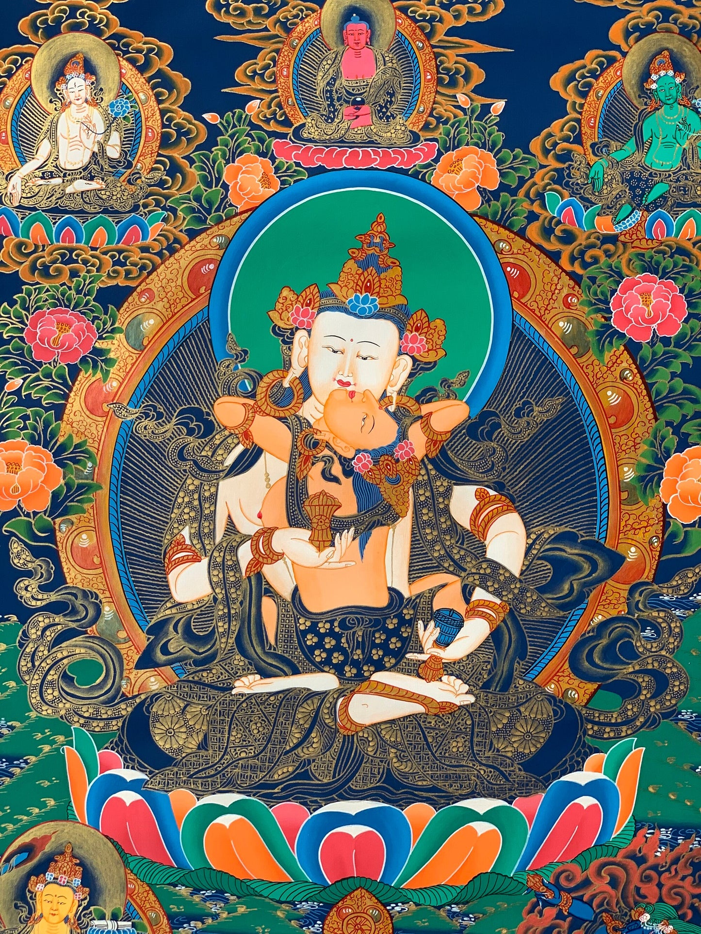 Original Hand Painted Vajrasattva Shakti / DORJE SEMPA Compassion / Meditation Master Quality Tibetan Thangka  Painting with Silk Brocade