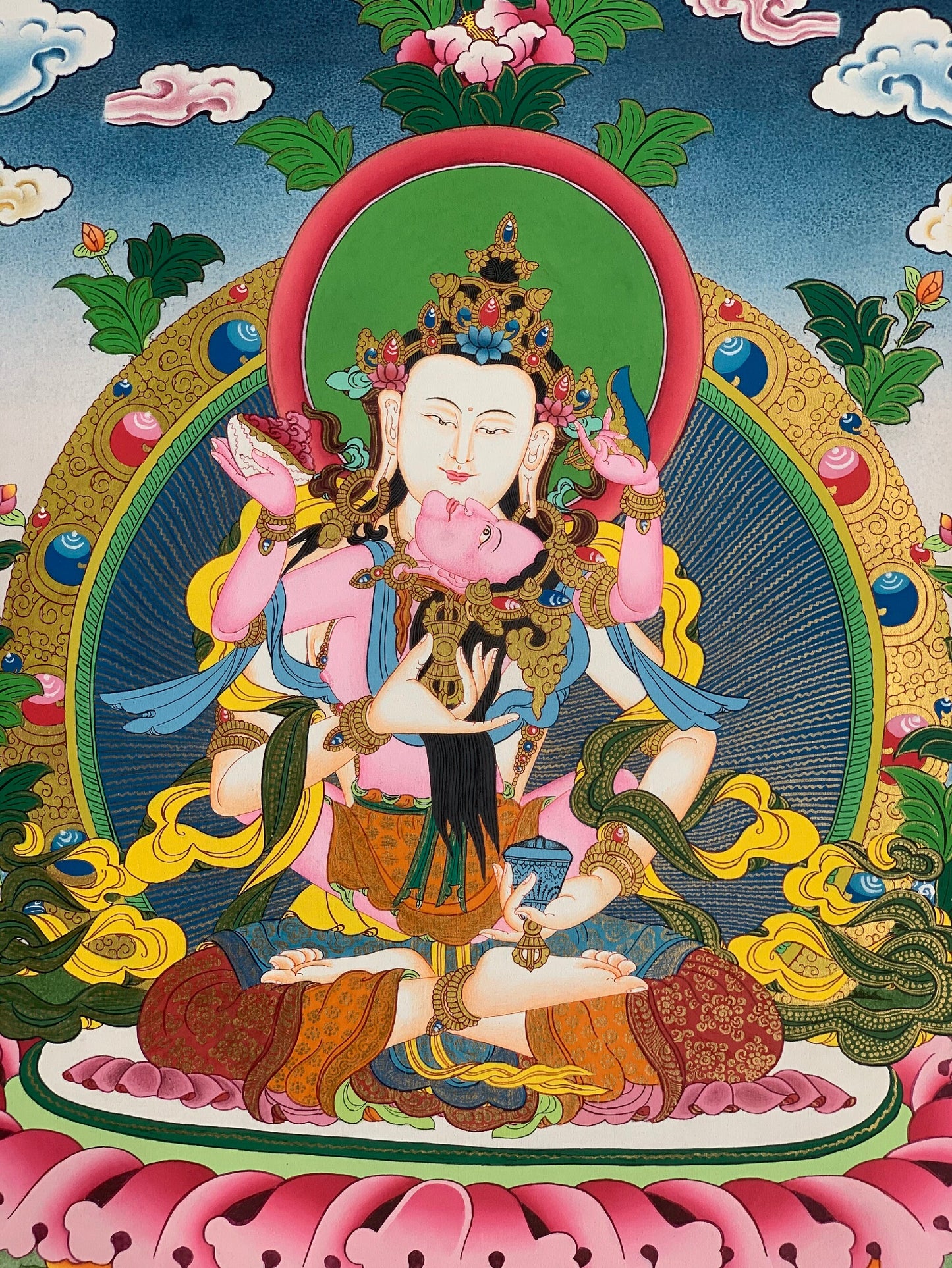 Hand-painted, Vajrayana, Vajrasattva Shakti, Yab, Yum, Thangka Painting,  18 x 24-inch