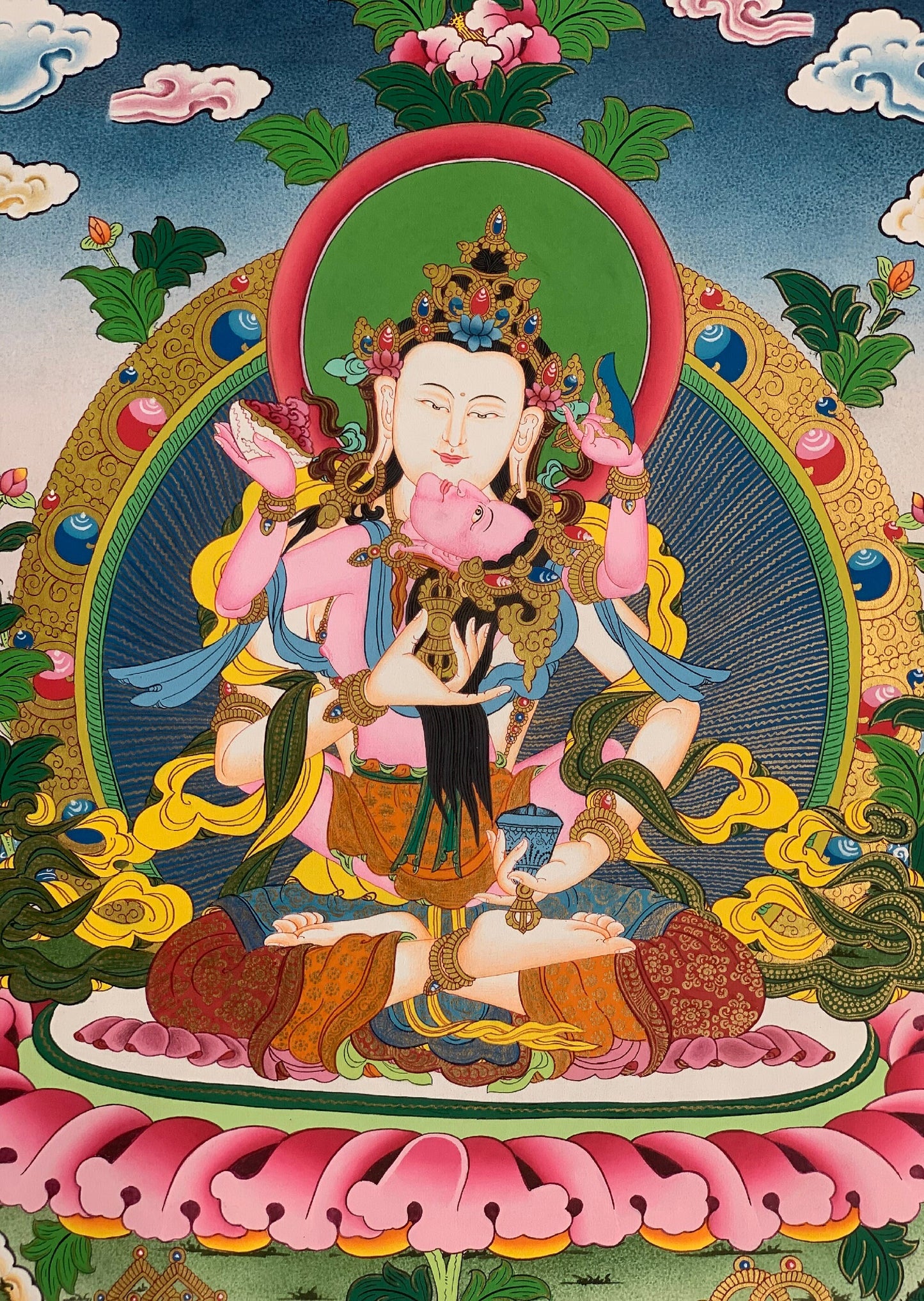 Hand-painted, Vajrayana, Vajrasattva Shakti, Yab, Yum, Thangka Painting,  18 x 24-inch