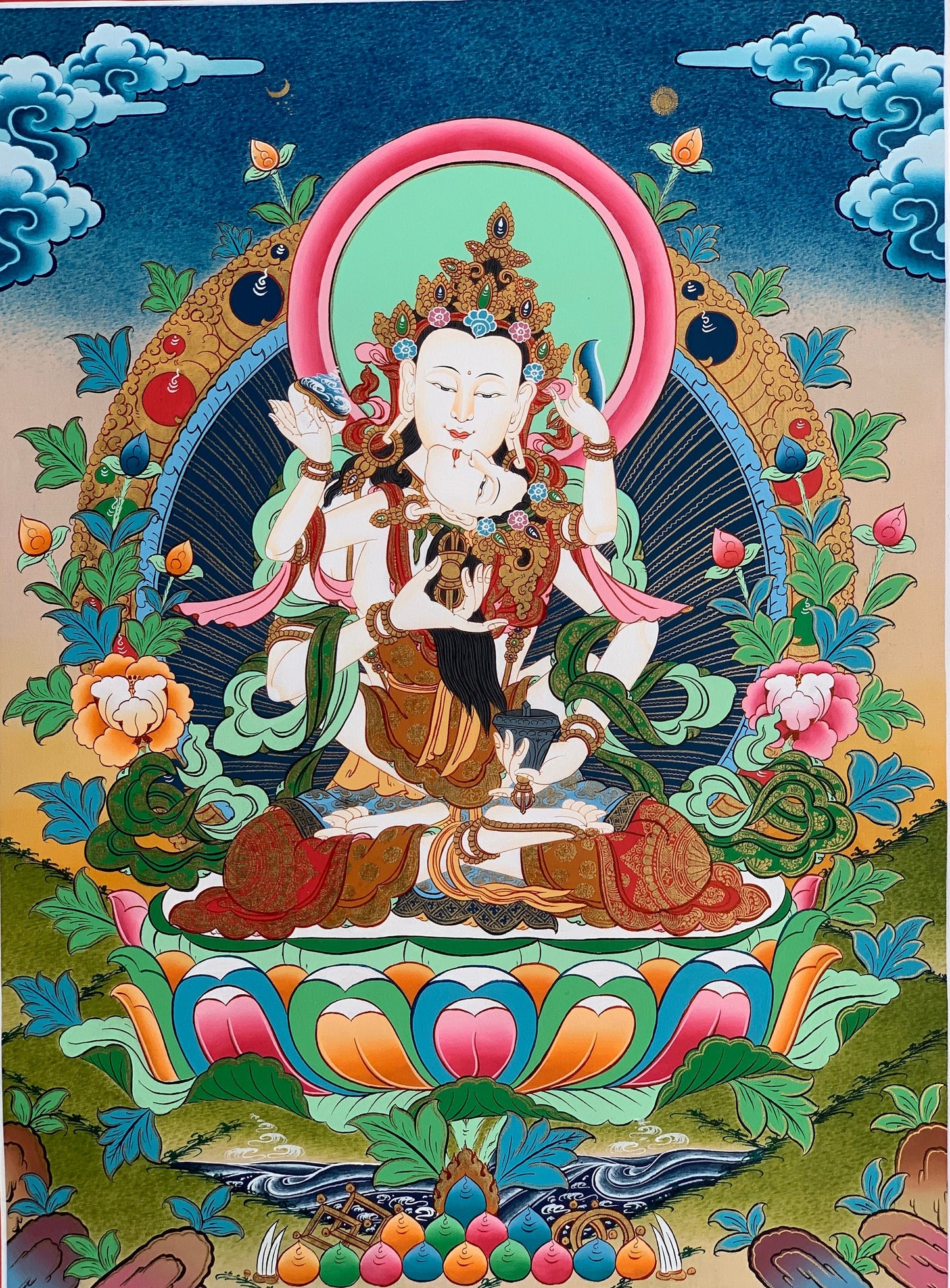 Original Hand Painted Vajrayana Vajrasattva Shakti / DORJE SEMPA High Quality Tibetan Compassion / Meditation Thangka / Thanka Painting