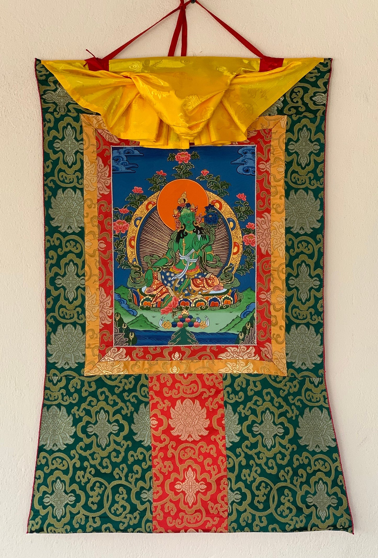 Original Hand-painted Green Tara Mother Tara Tibetan  Compassion Meditation Thangka Painting with Silk Brocade