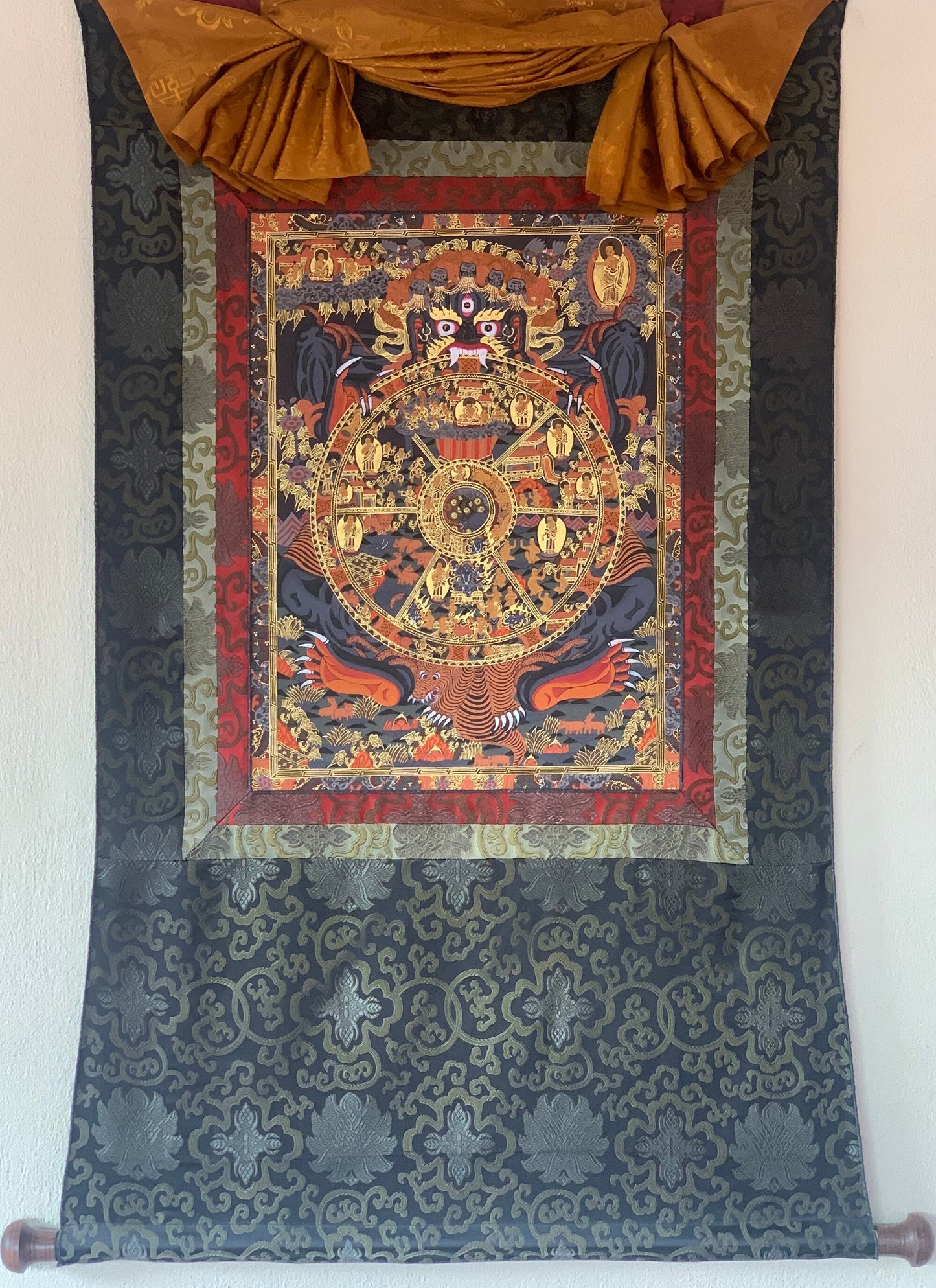 Hand-painted Buddha Life, Bhavachakra, Wheel of Life, Riduk,  Mandala, Tibetan Thangka Painting with Silk Brocade