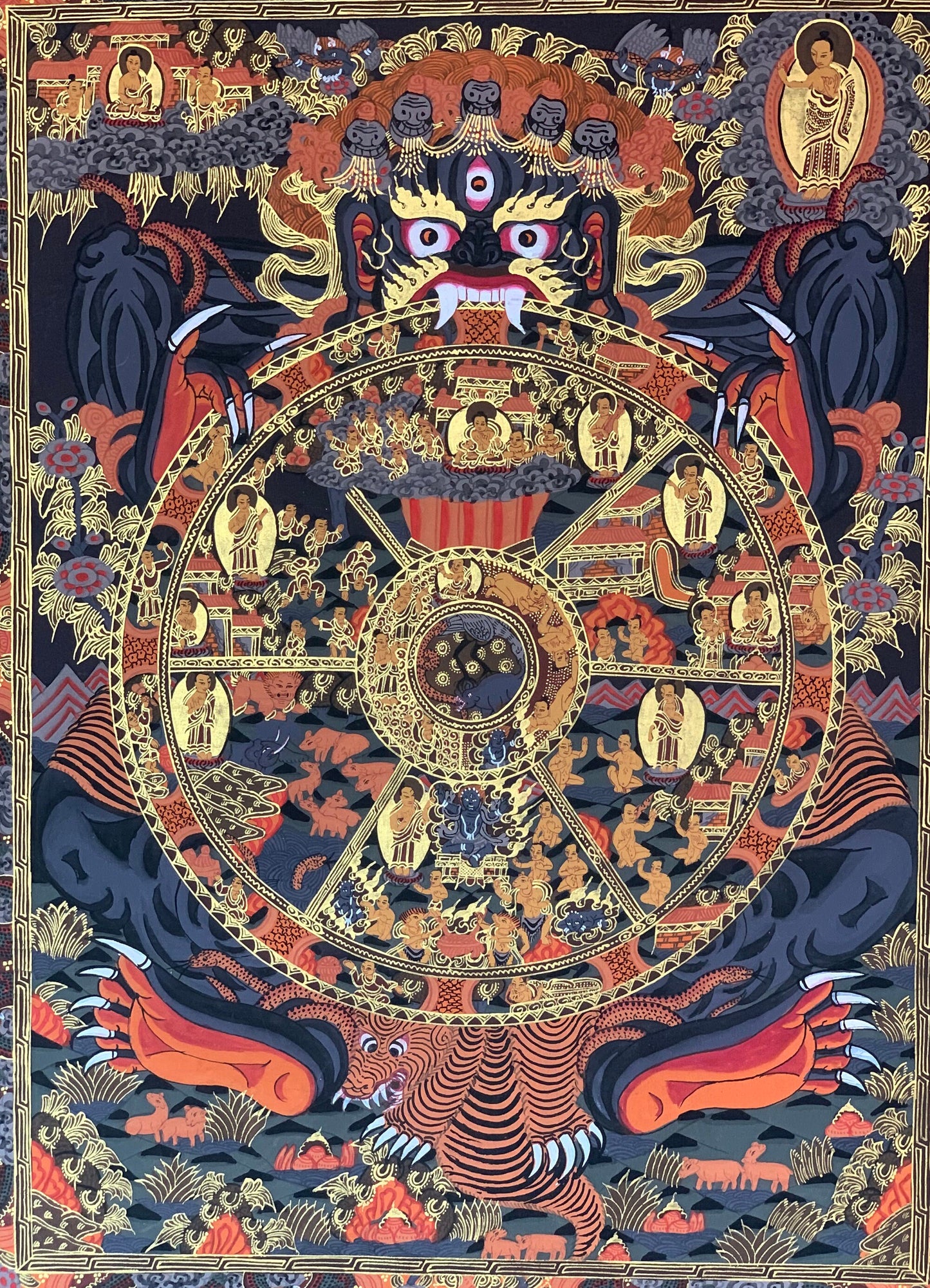 Hand-painted Buddha Life, Bhavachakra, Wheel of Life, Riduk,  Mandala, Tibetan Thangka Painting with Silk Brocade