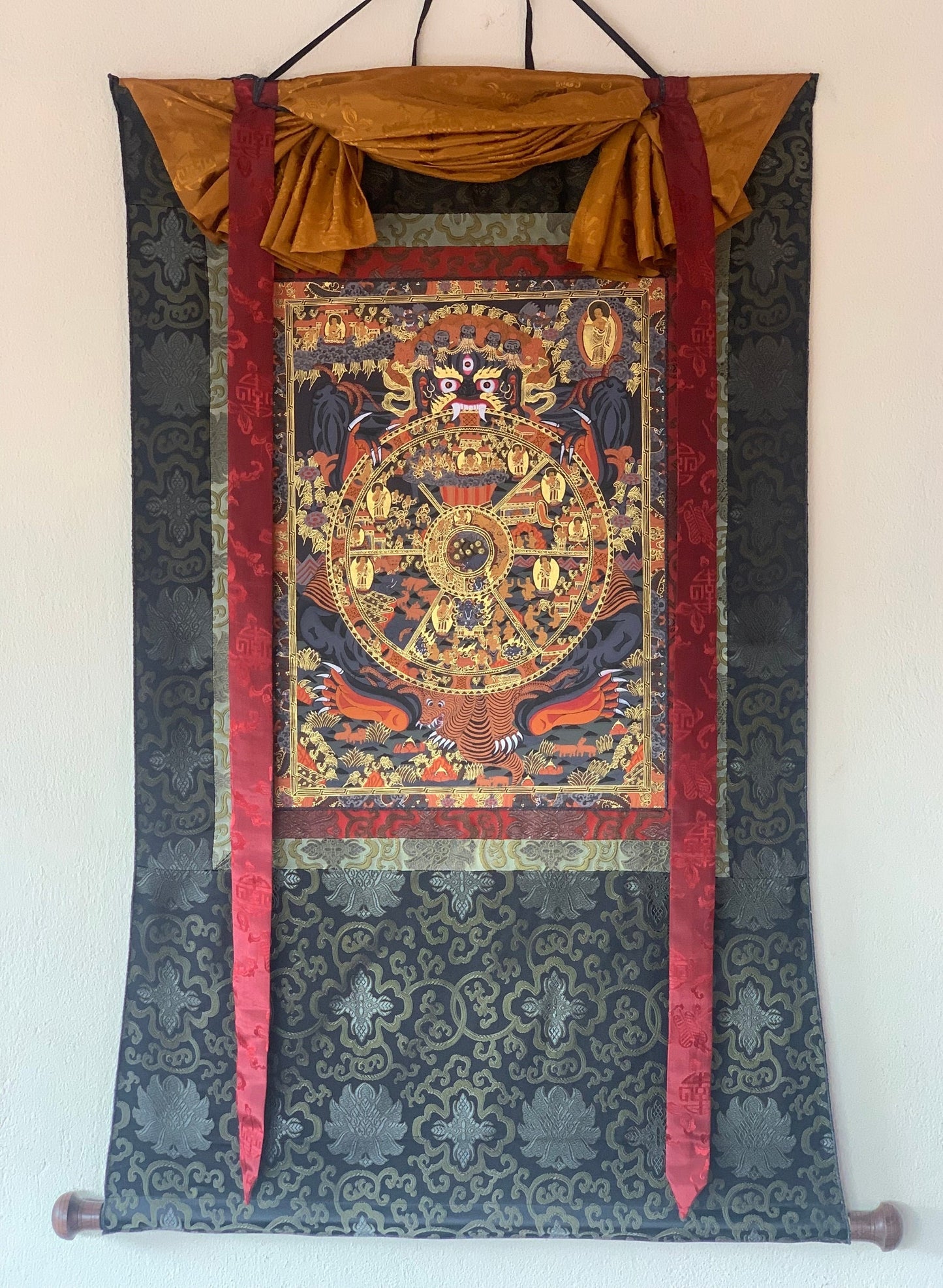 Hand-painted Buddha Life, Bhavachakra, Wheel of Life, Riduk,  Mandala, Tibetan Thangka Painting with Silk Brocade