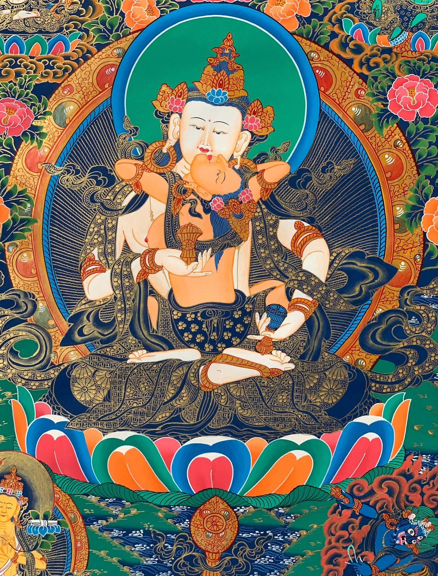 Original Hand Painted Vajrasattva Shakti / DORJE SEMPA Compassion / Meditation Master Quality Tibetan Thangka  Painting with Silk Brocade