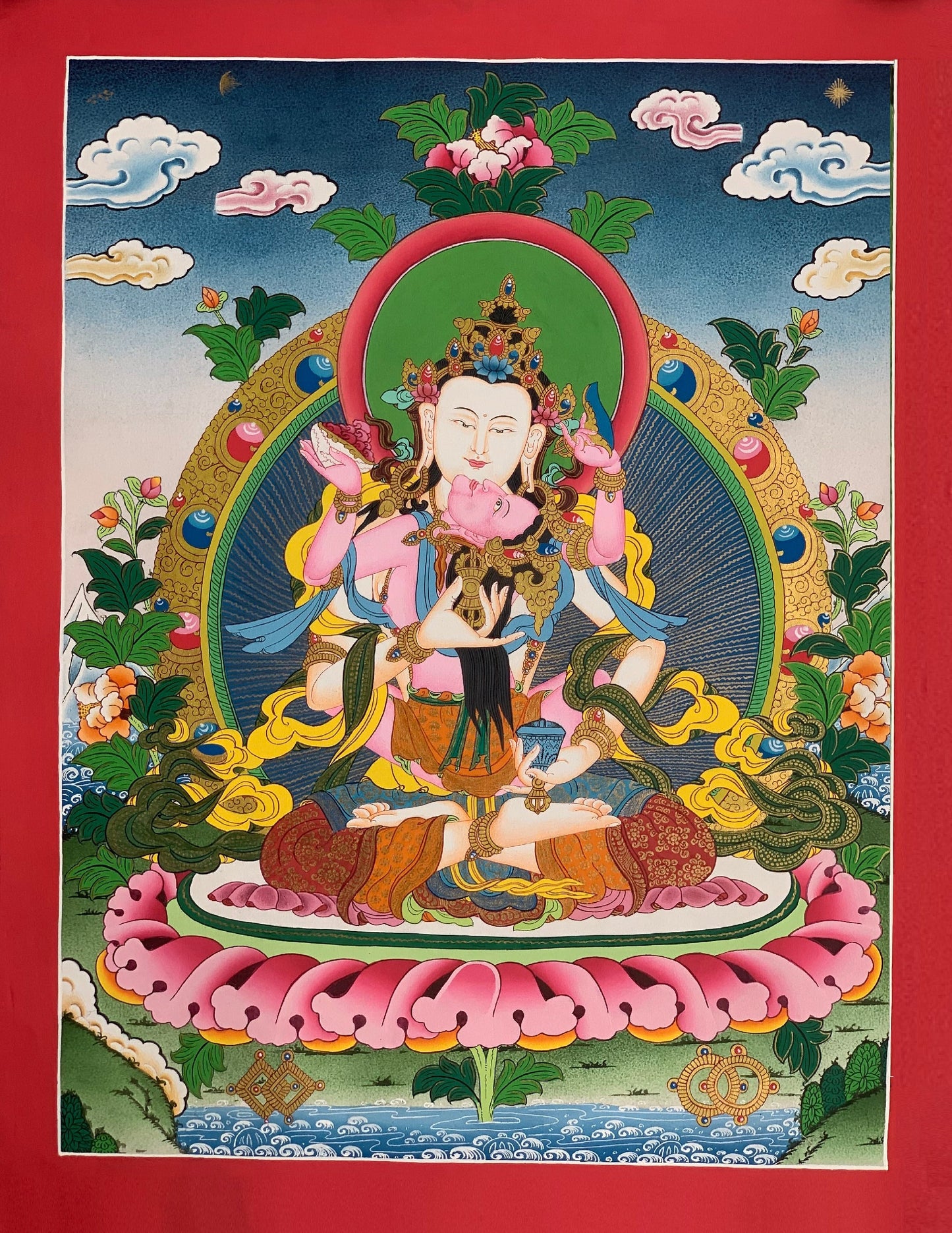 Hand-painted, Vajrayana, Vajrasattva Shakti, Yab, Yum, Thangka Painting,  18 x 24-inch