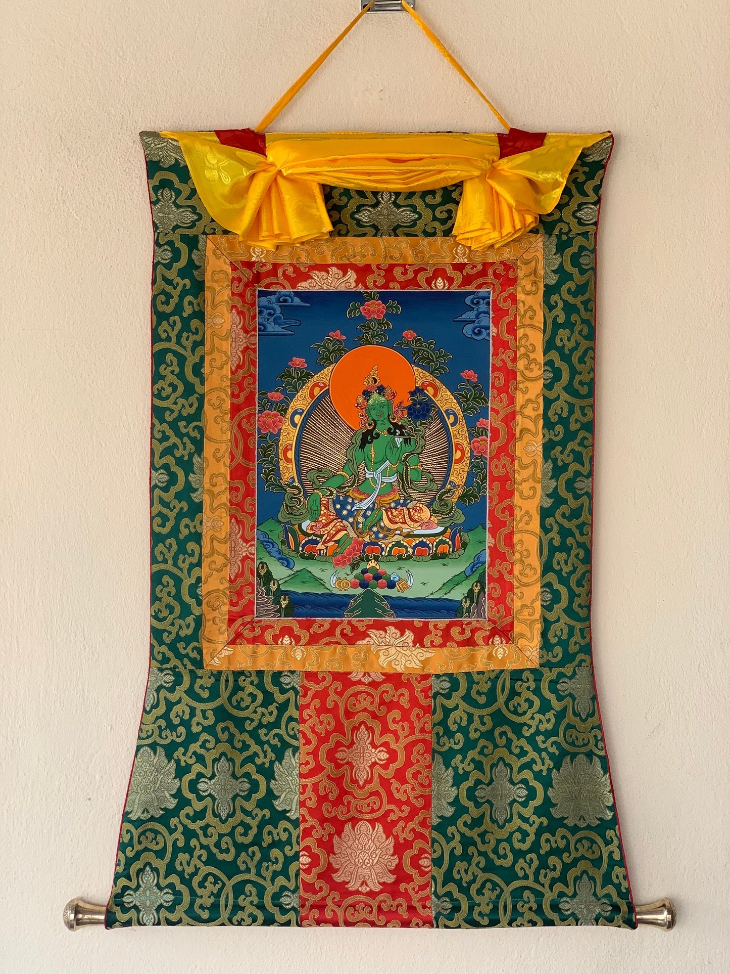 Hand-painted, Green Tara, Shyamatara, Tibetan Thangka Painting with Silk Brocade