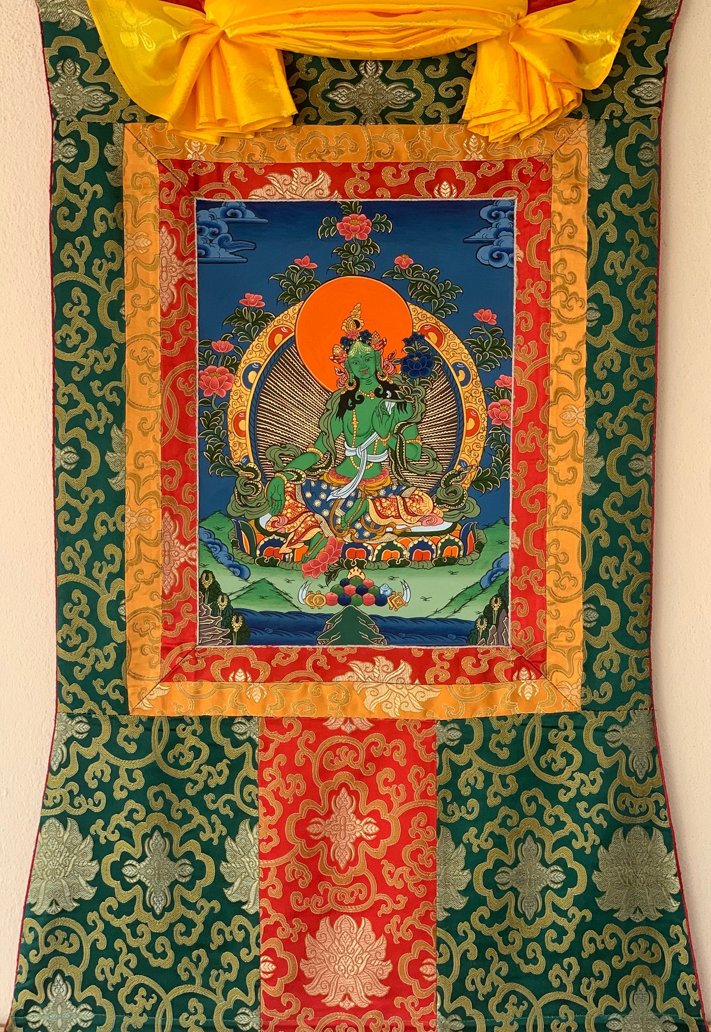 Hand-painted, Green Tara, Shyamatara, Tibetan Thangka Painting with Silk Brocade