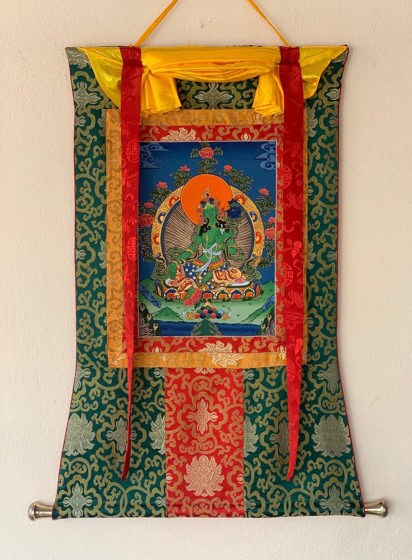 Hand-painted, Green Tara, Shyamatara, Tibetan Thangka Painting with Silk Brocade