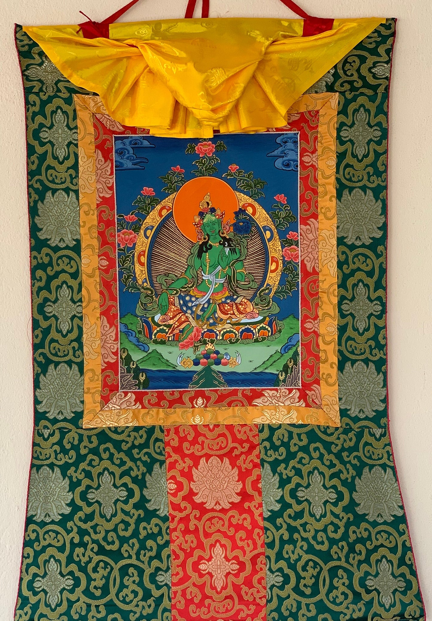 Original Hand-painted Green Tara Mother Tara Tibetan  Compassion Meditation Thangka Painting with Silk Brocade