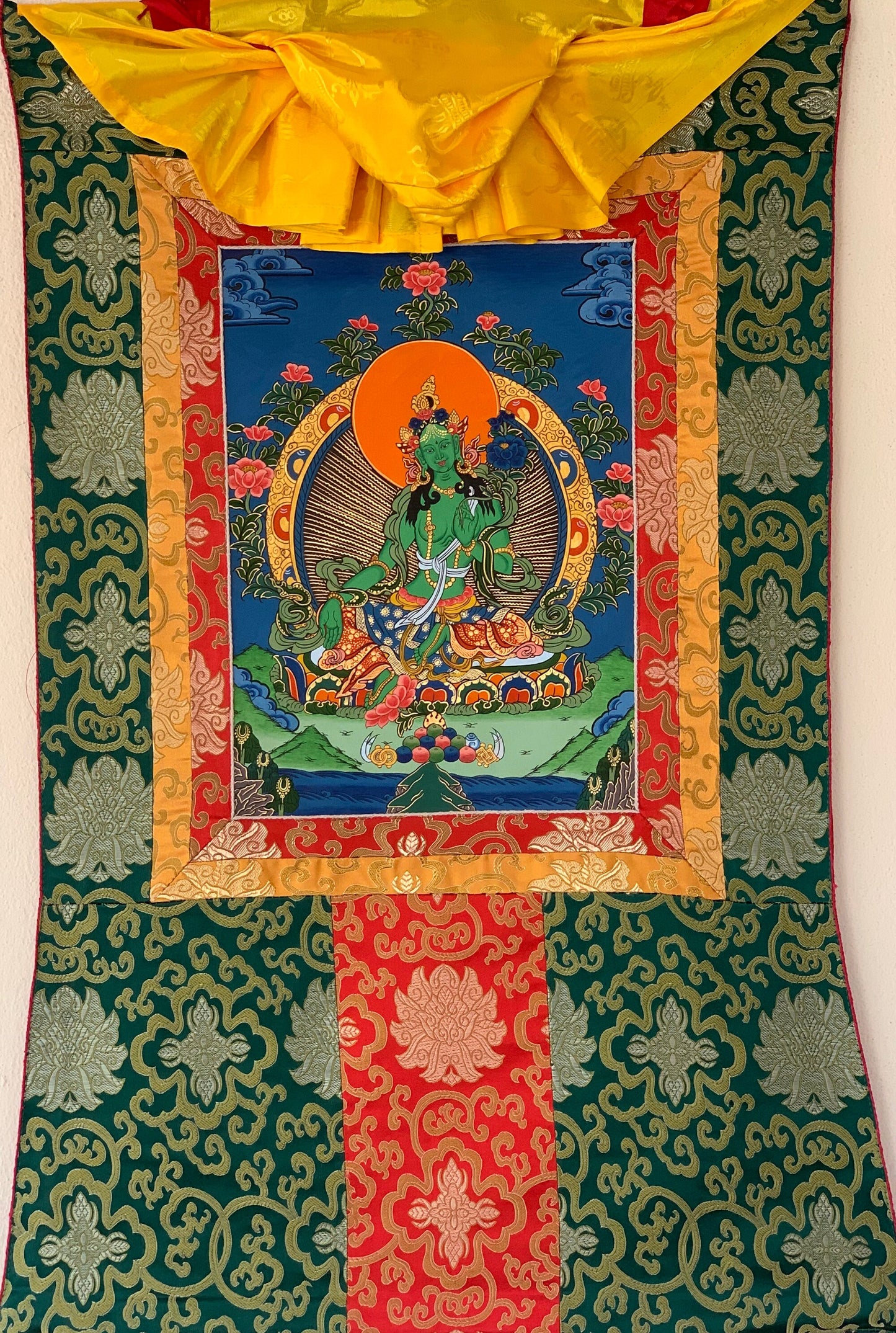 Original Hand-painted Green Tara Mother Tara Tibetan  Compassion Meditation Thangka Painting with Silk Brocade