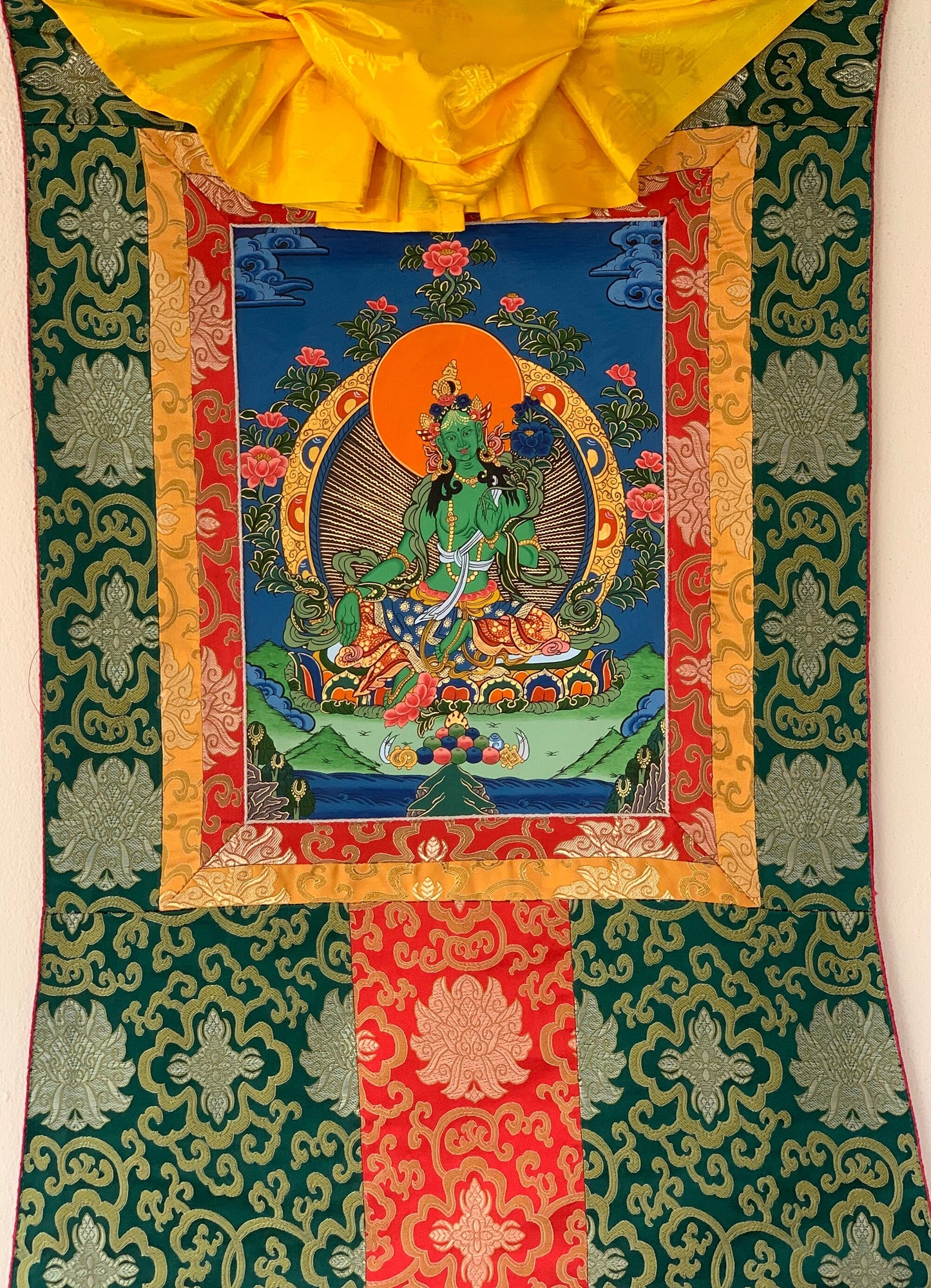 Original Hand-painted Green Tara Mother Tara Tibetan  Compassion Meditation Thangka Painting with Silk Brocade