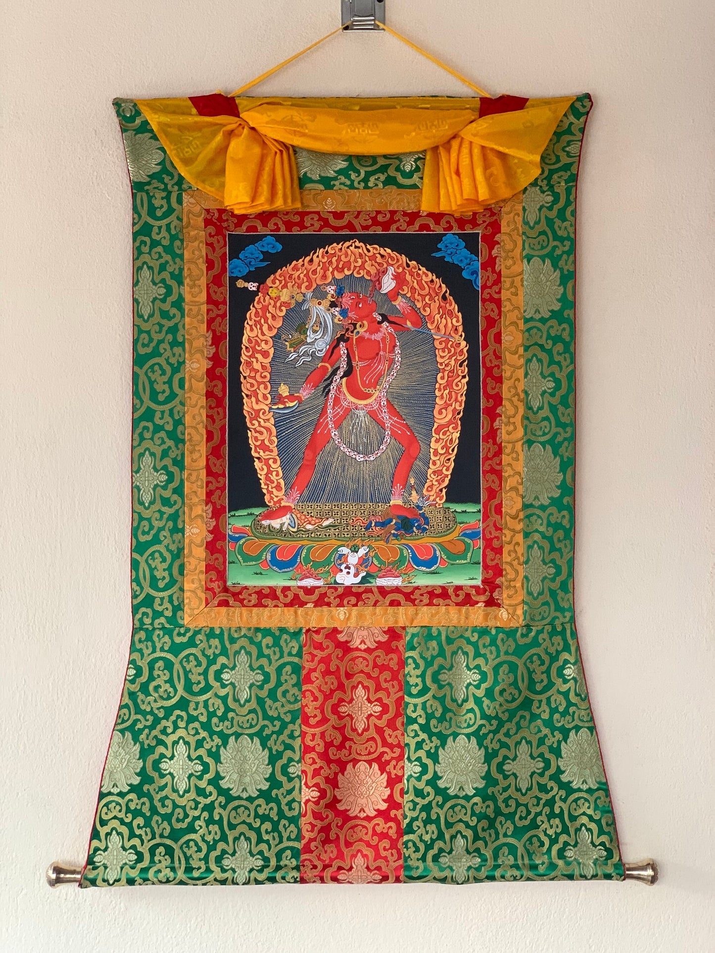 Original Hand Painted Vajrayogini / Vajrabarahi/ Dorje Neljorma / Masterpiece Tibetan Meditation Thangka Painting with Silk Brocade