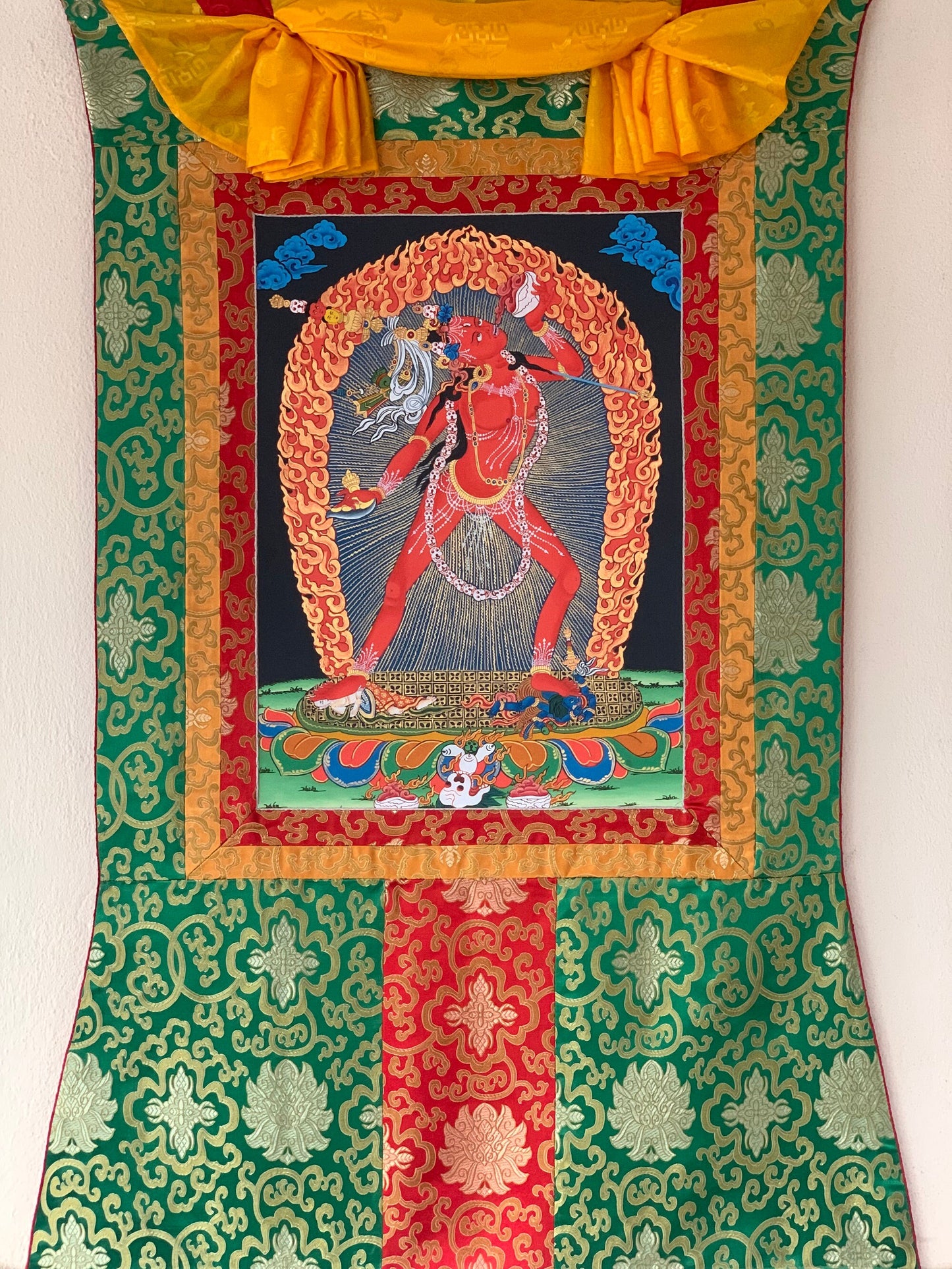 Original Hand Painted Vajrayogini / Vajrabarahi/ Dorje Neljorma / Masterpiece Tibetan Meditation Thangka Painting with Silk Brocade