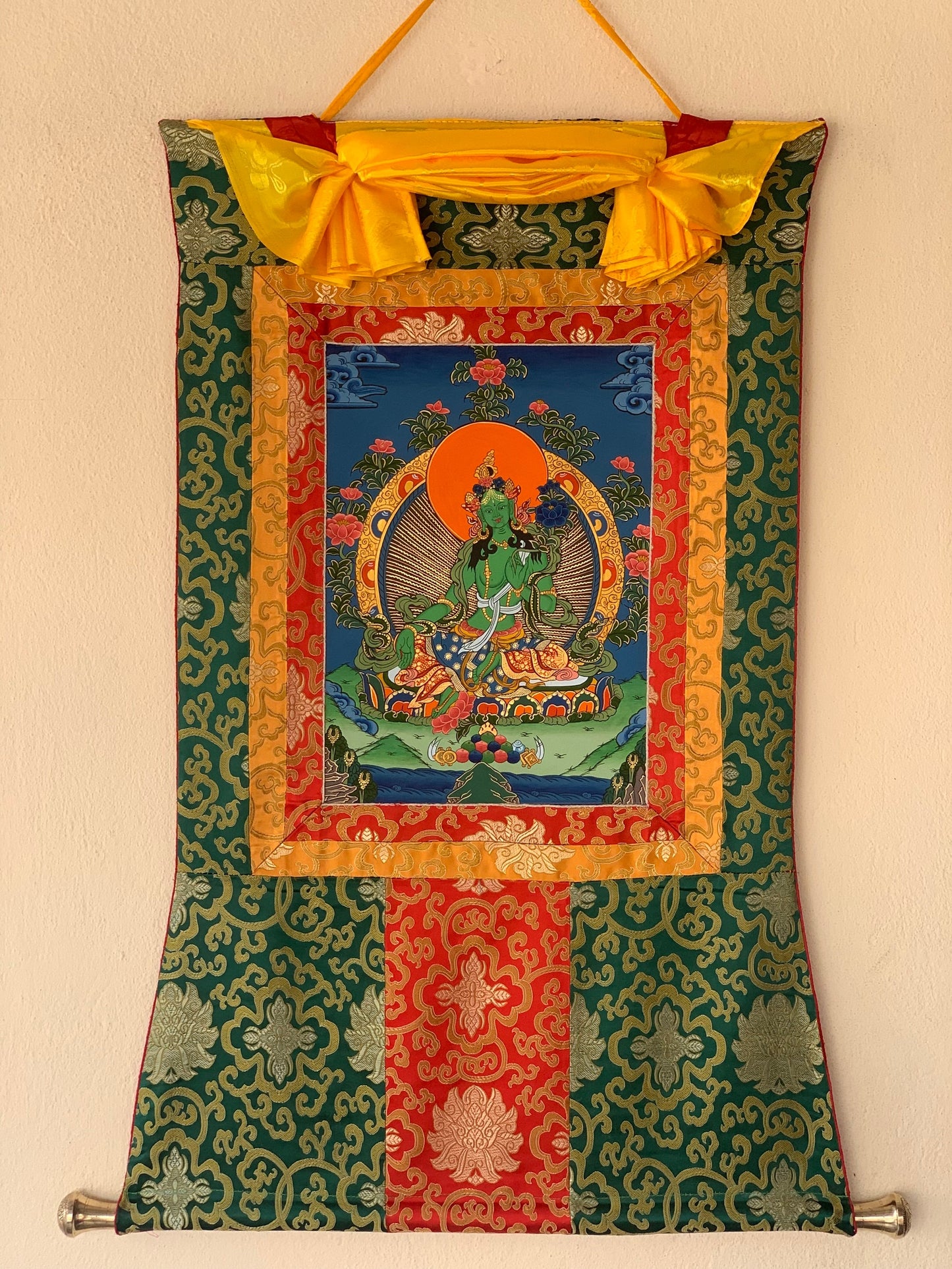 Hand-painted, Green Tara, Shyamatara, Tibetan Thangka Painting with Silk Brocade