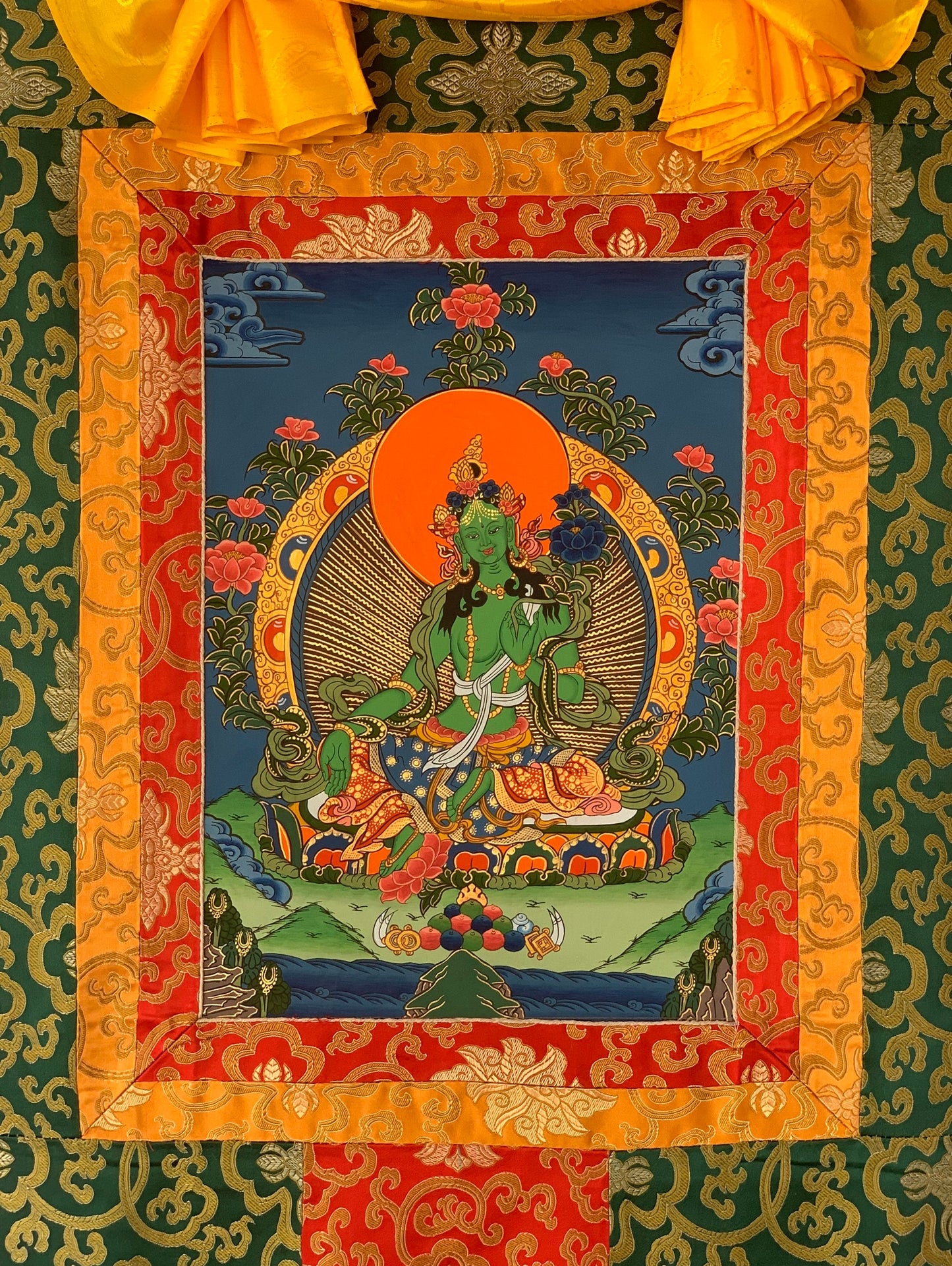 Hand-painted, Green Tara, Shyamatara, Tibetan Thangka Painting with Silk Brocade