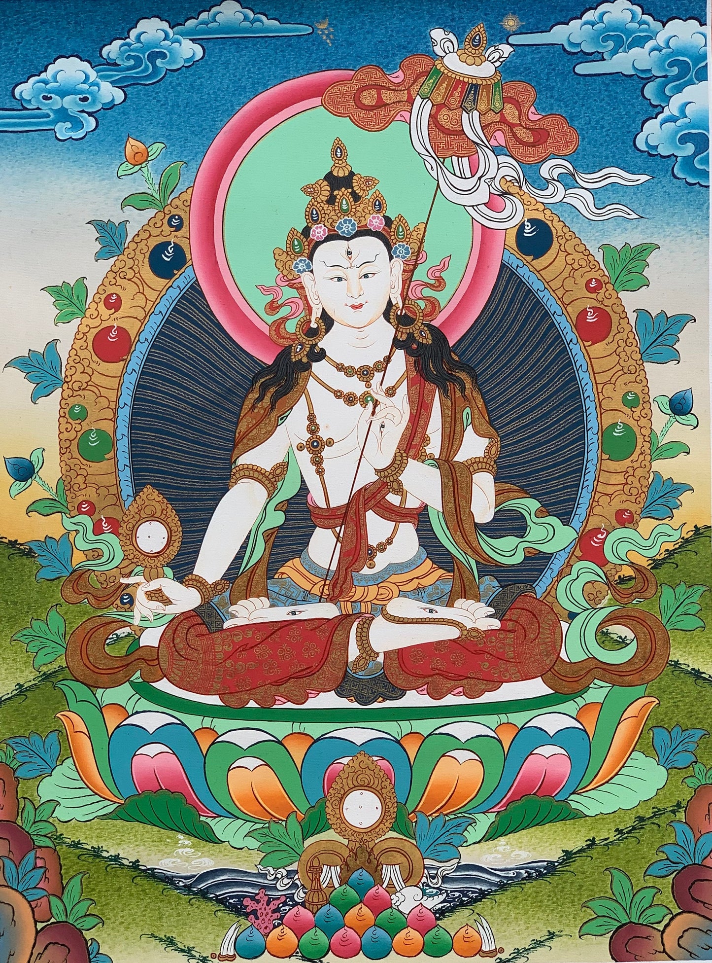 Original Hand-painted  Ushnisha, Sitatapatra, Dukar, Dhukar, Lady of the White Umbrella, Tibetan Thangka Painting from Nepal